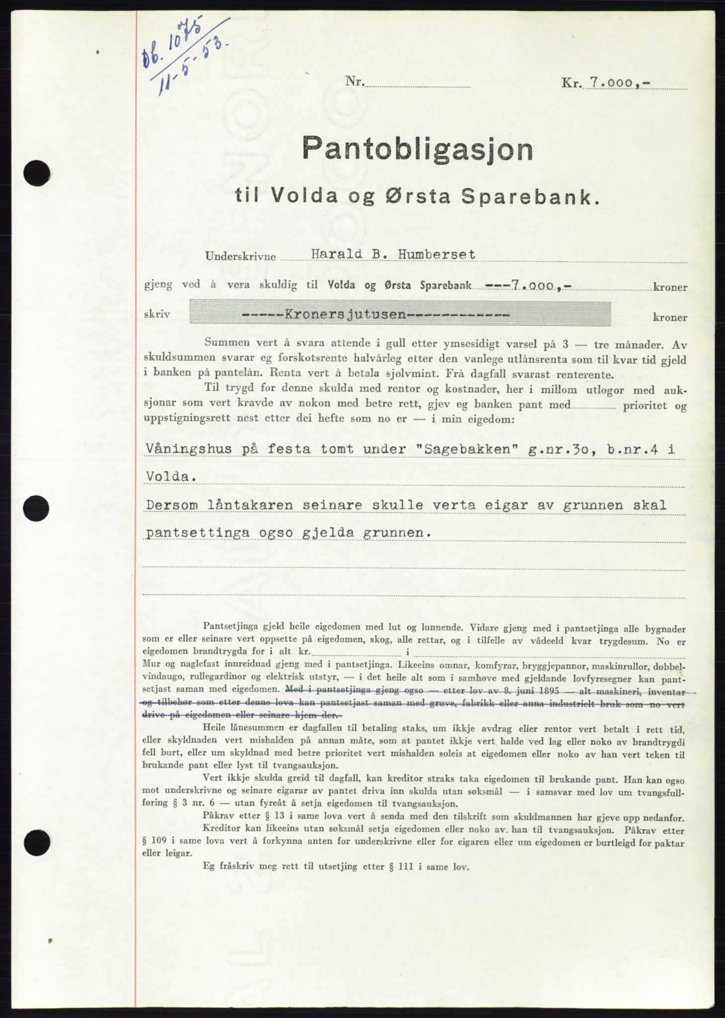 Søre Sunnmøre sorenskriveri, AV/SAT-A-4122/1/2/2C/L0123: Mortgage book no. 11B, 1953-1953, Diary no: : 1075/1953