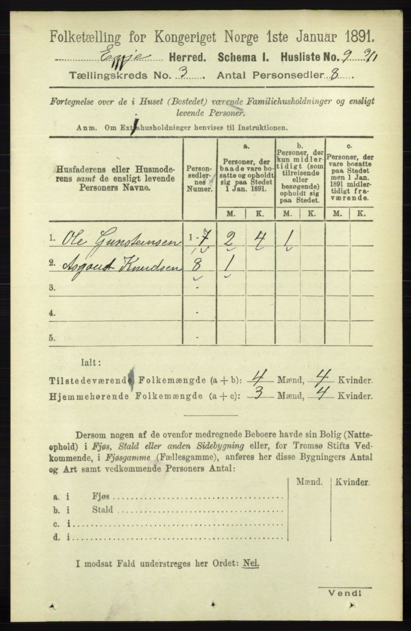 RA, 1891 census for 0937 Evje, 1891, p. 624