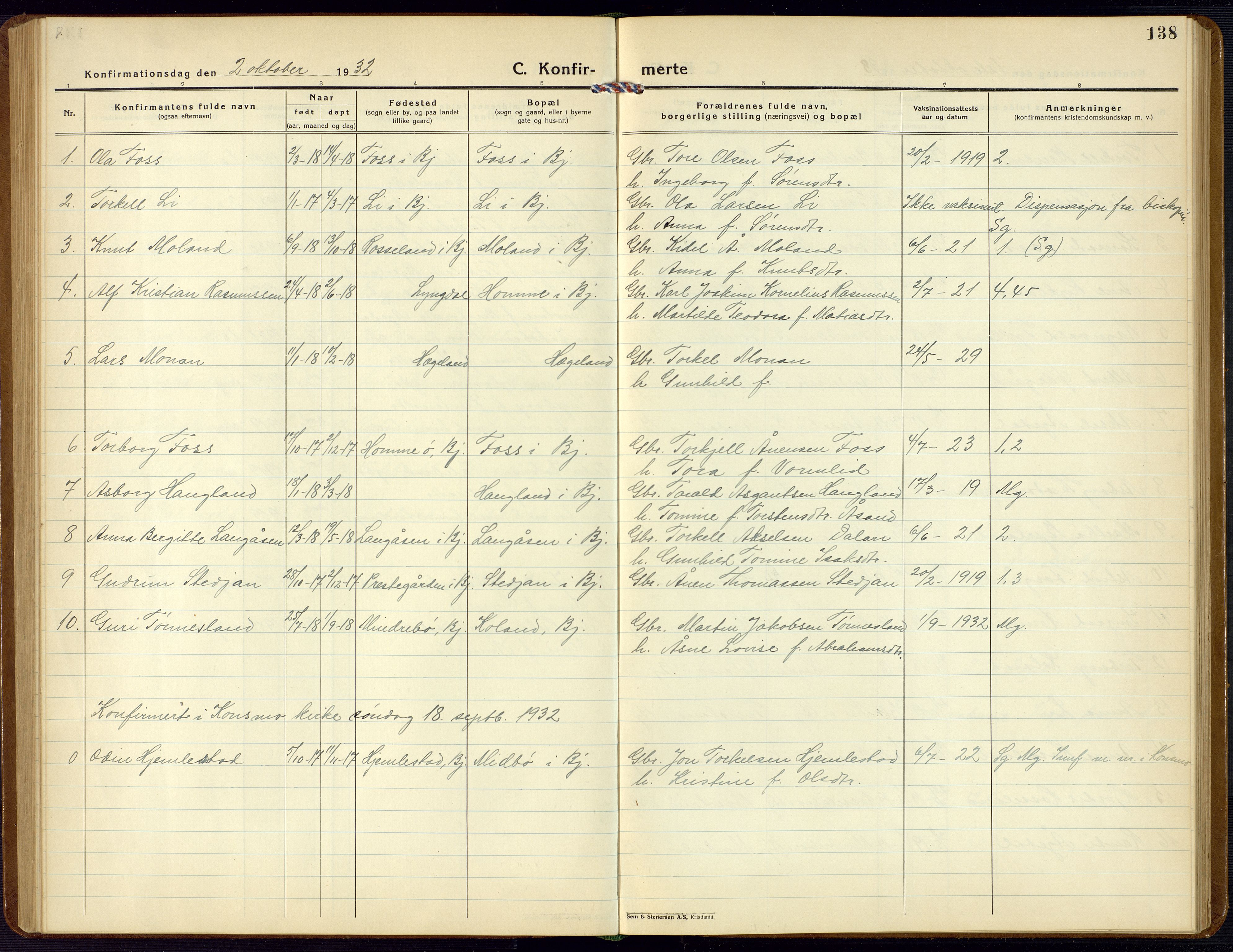 Bjelland sokneprestkontor, SAK/1111-0005/F/Fb/Fba/L0006: Parish register (copy) no. B 6, 1923-1956, p. 138
