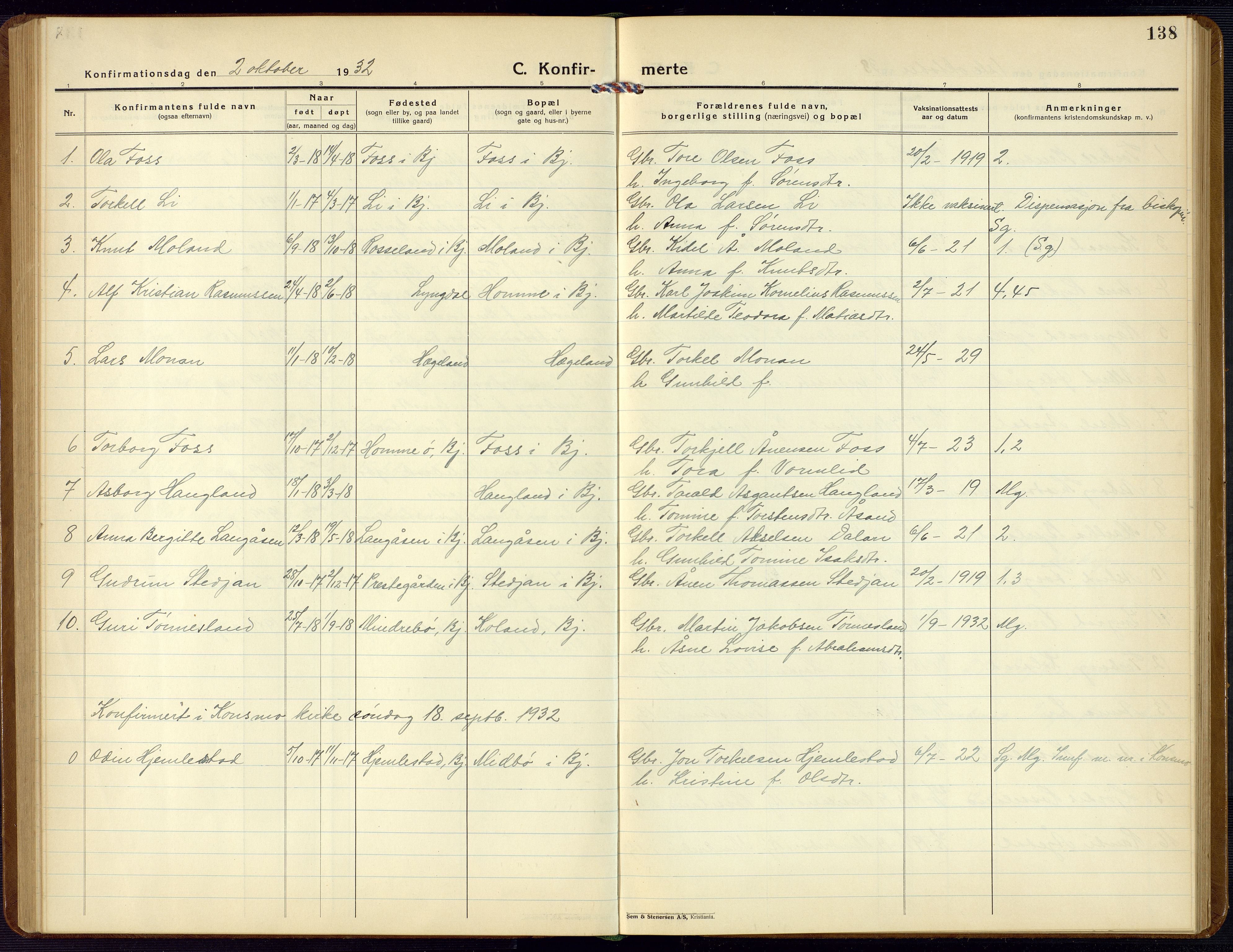 Bjelland sokneprestkontor, AV/SAK-1111-0005/F/Fb/Fba/L0006: Parish register (copy) no. B 6, 1923-1956, p. 138