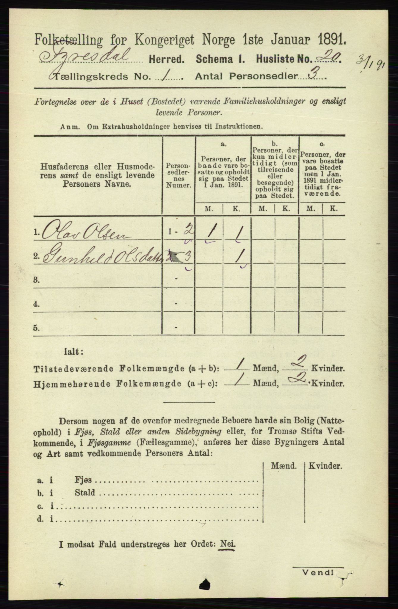 RA, 1891 census for 0831 Fyresdal, 1891, p. 43