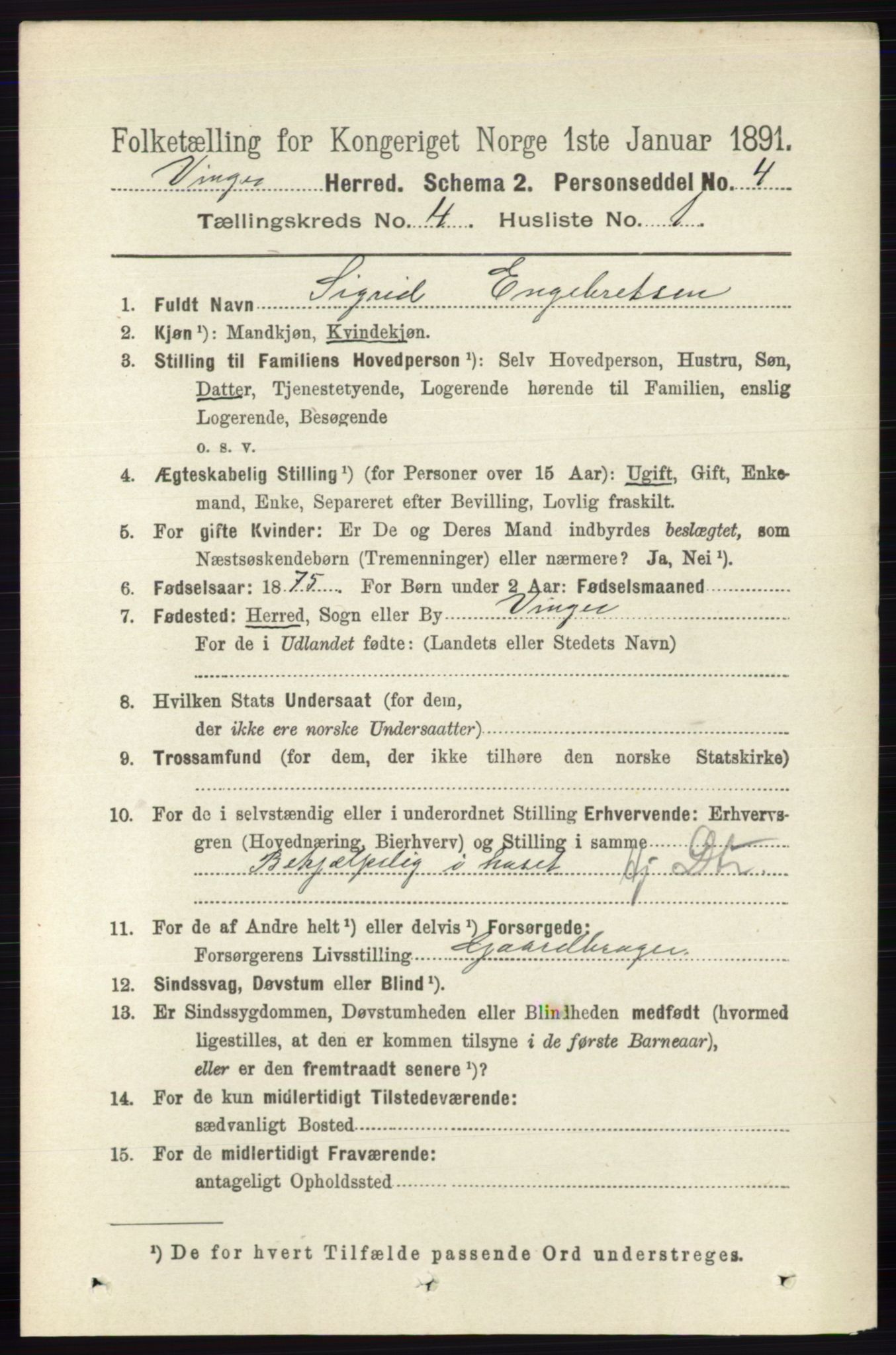 RA, 1891 census for 0421 Vinger, 1891, p. 1641