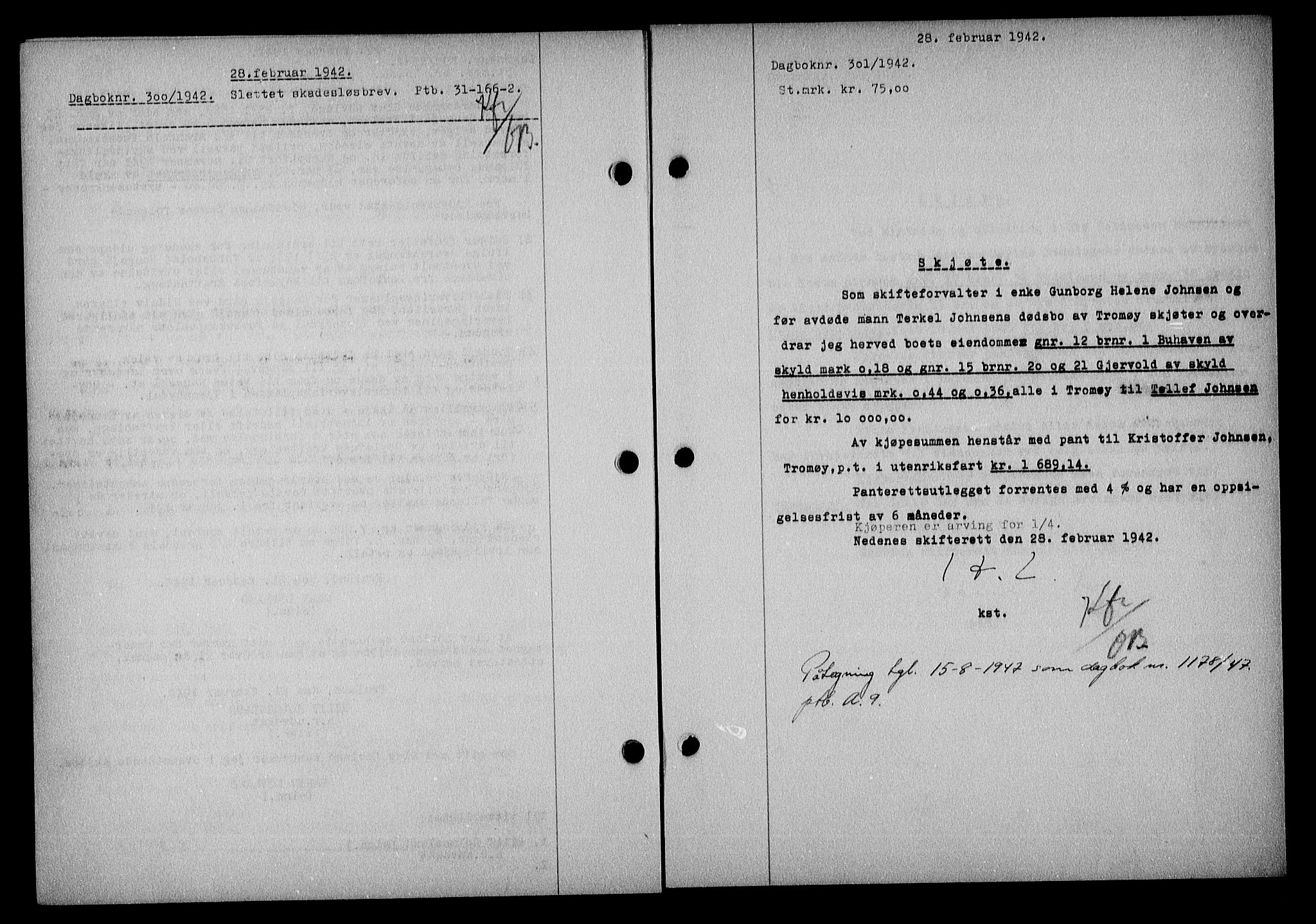 Nedenes sorenskriveri, SAK/1221-0006/G/Gb/Gba/L0049: Mortgage book no. A-III, 1941-1942, Diary no: : 301/1942