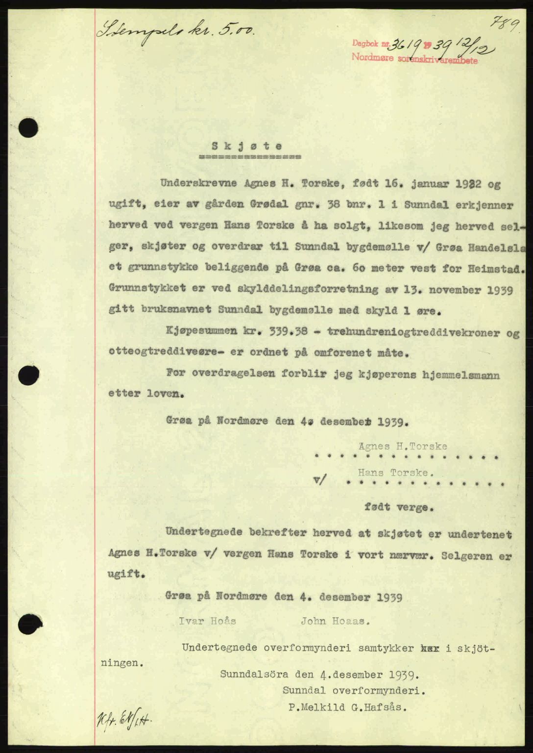 Nordmøre sorenskriveri, AV/SAT-A-4132/1/2/2Ca: Mortgage book no. A87, 1939-1940, Diary no: : 3619/1939