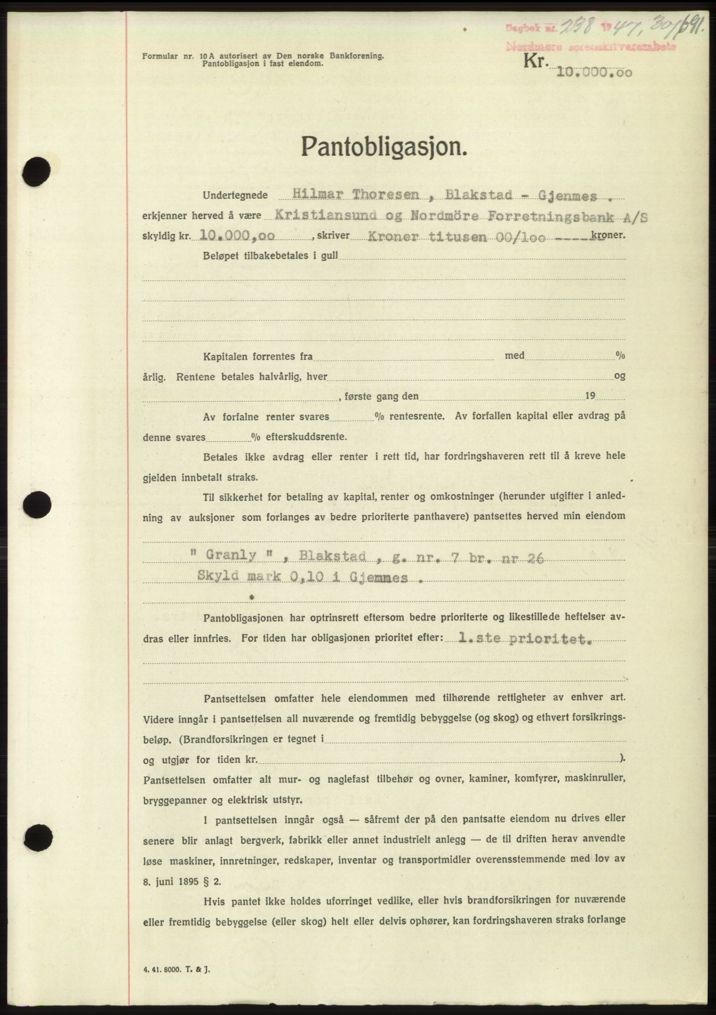 Nordmøre sorenskriveri, AV/SAT-A-4132/1/2/2Ca: Mortgage book no. B95, 1946-1947, Diary no: : 238/1947