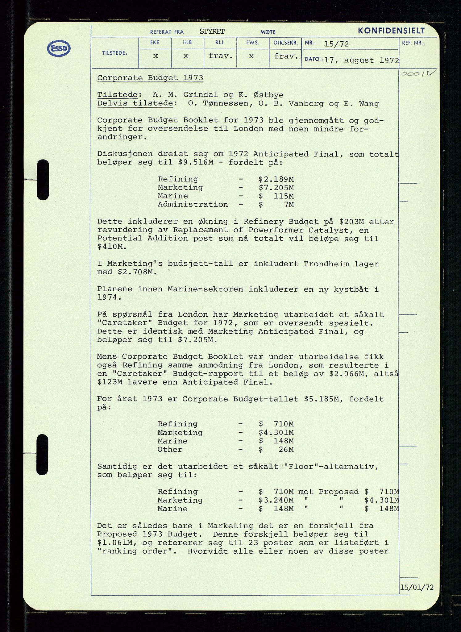 Pa 0982 - Esso Norge A/S, AV/SAST-A-100448/A/Aa/L0003/0002: Den administrerende direksjon Board minutes (styrereferater) og Bedriftforsamlingsprotokoll / Den administrerende direksjon Board minutes (styrereferater), 1970-1974, p. 105