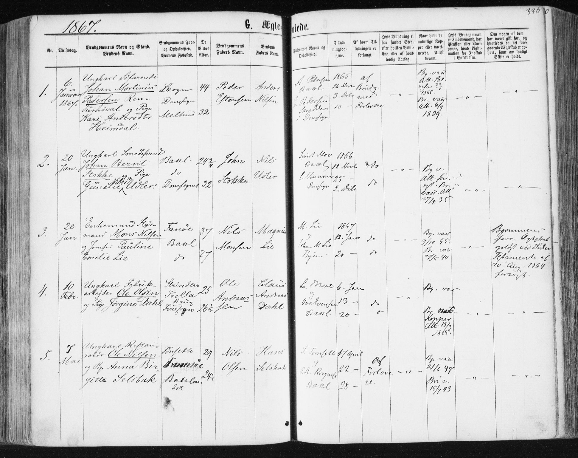 Ministerialprotokoller, klokkerbøker og fødselsregistre - Sør-Trøndelag, SAT/A-1456/604/L0186: Parish register (official) no. 604A07, 1866-1877, p. 336