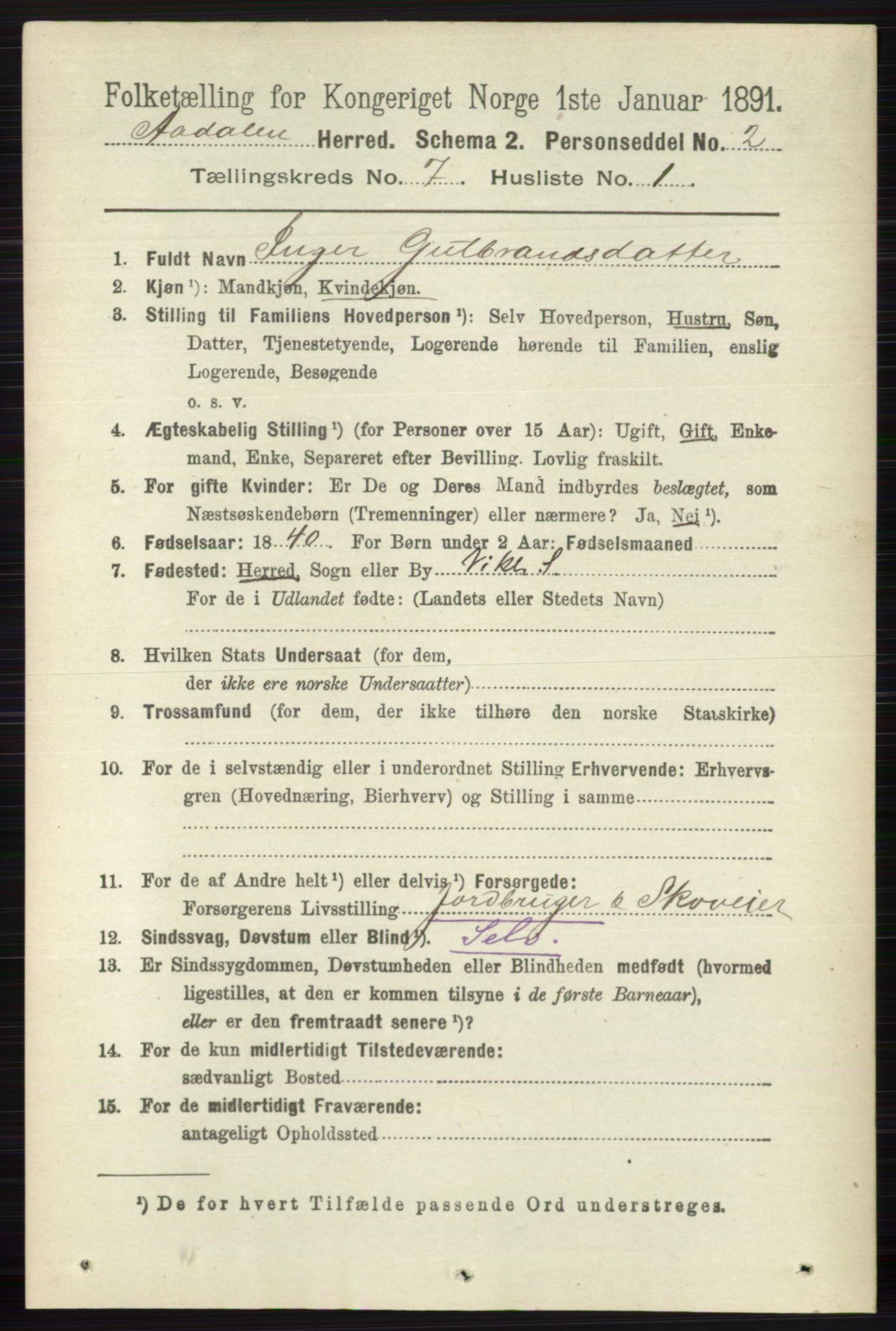 RA, 1891 census for 0614 Ådal, 1891, p. 3037