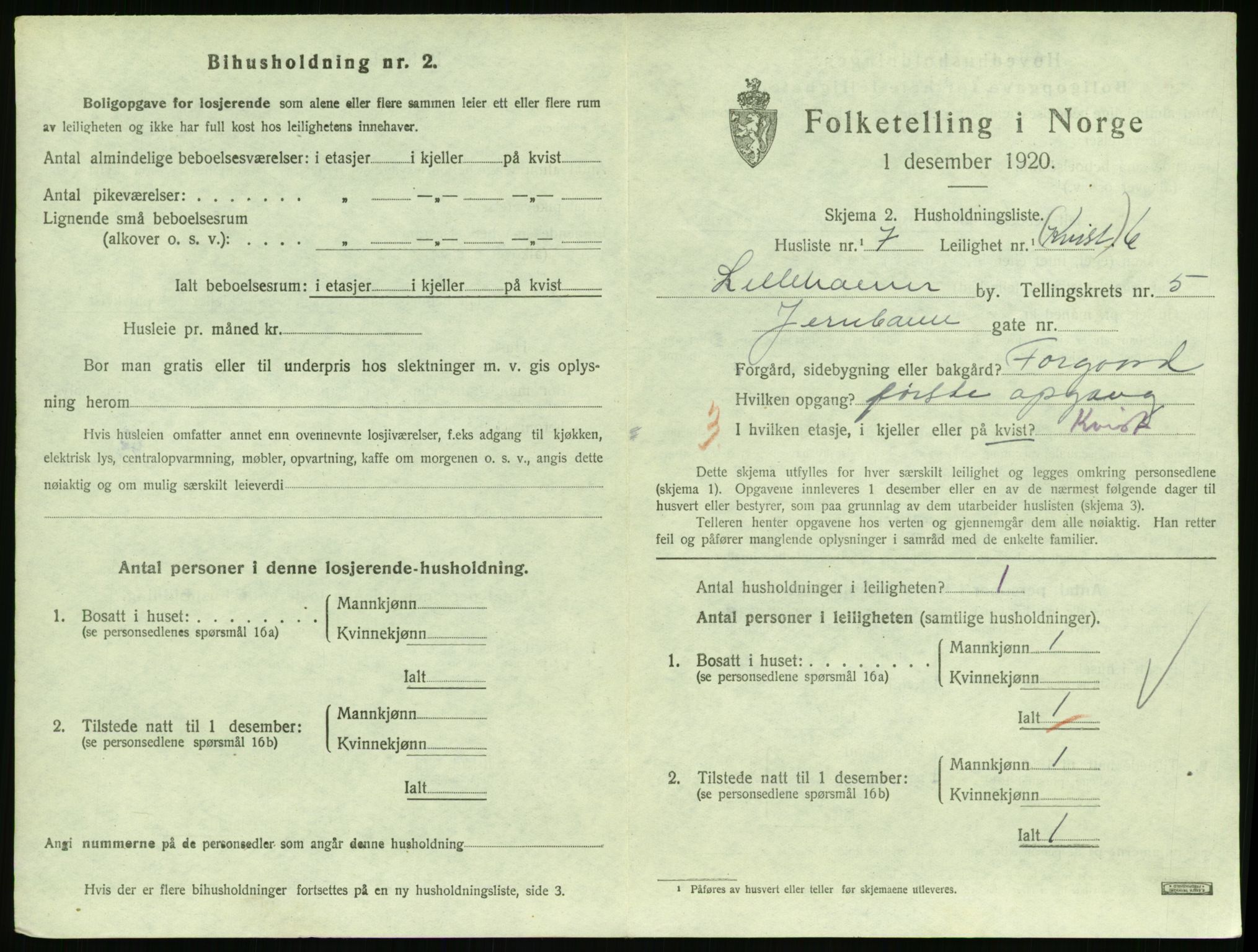 SAH, 1920 census for Lillehammer, 1920, p. 2232