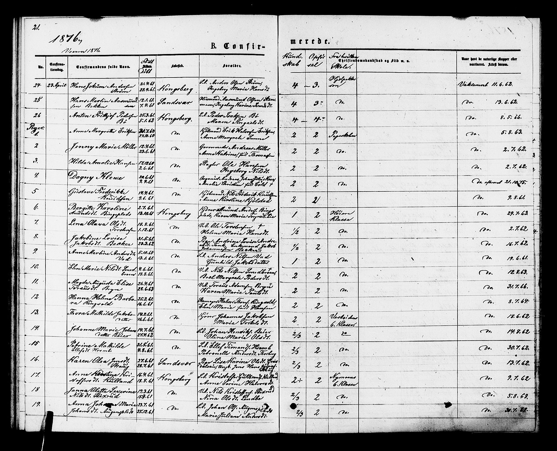 Kongsberg kirkebøker, AV/SAKO-A-22/F/Fa/L0011: Parish register (official) no. I 11, 1876-1877, p. 21