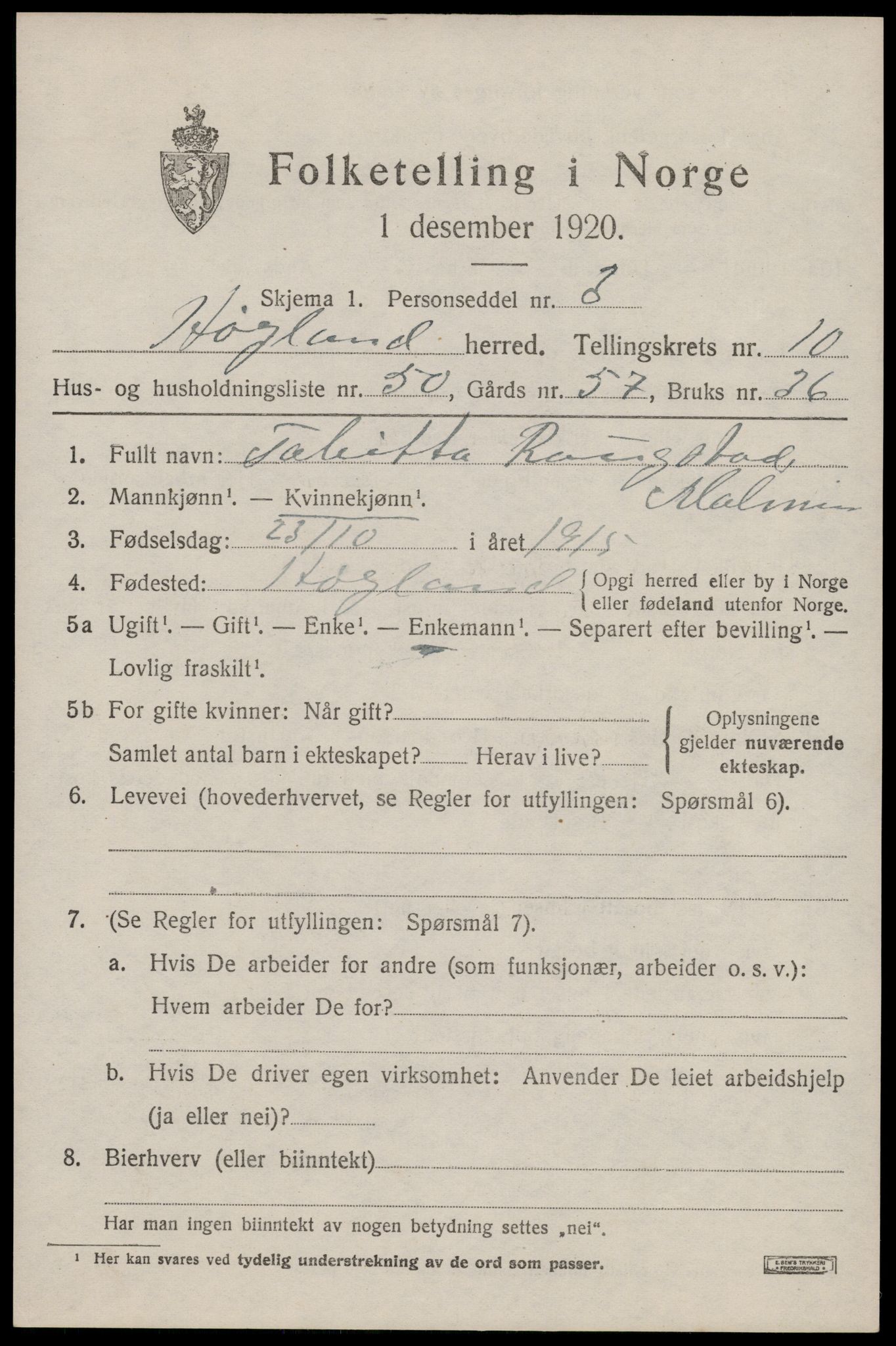 SAST, 1920 census for Høyland, 1920, p. 7812