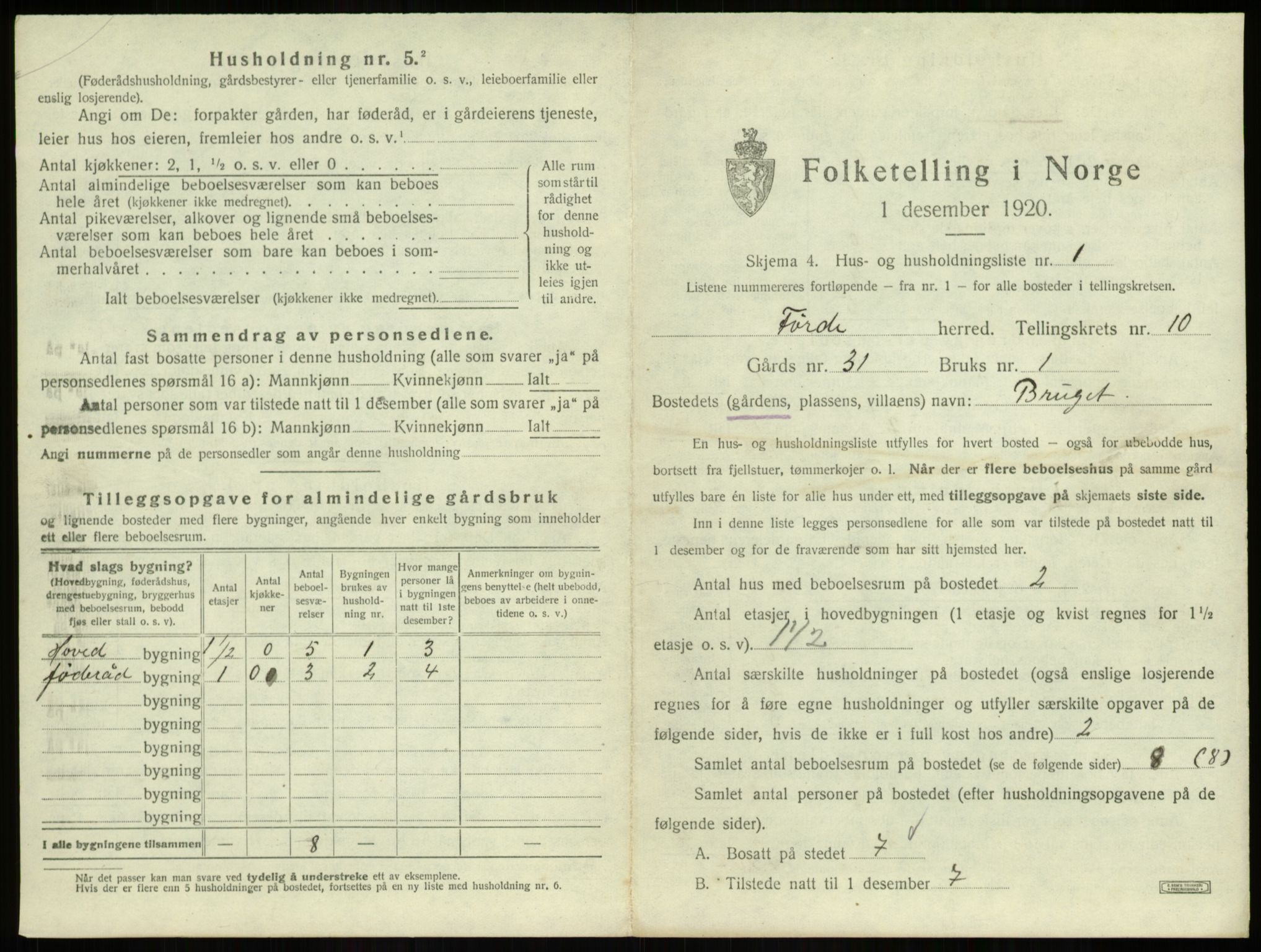 SAB, 1920 census for Førde, 1920, p. 534