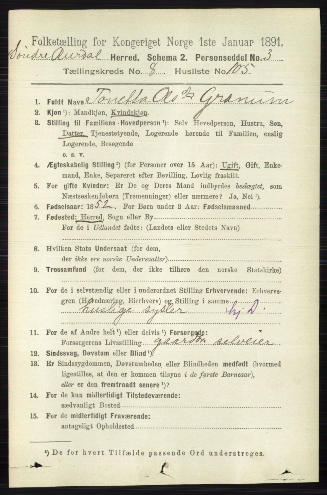 RA, 1891 census for 0540 Sør-Aurdal, 1891, p. 5488