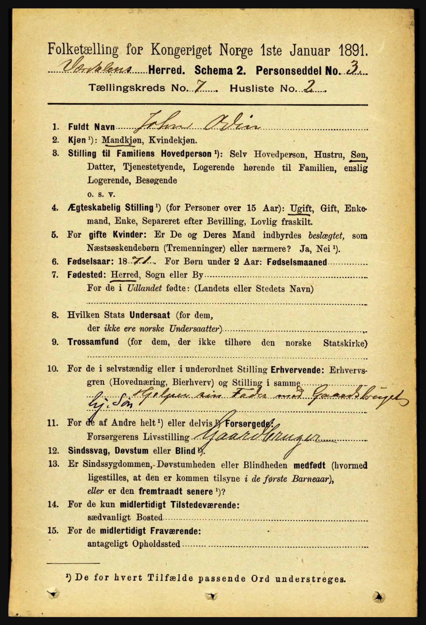 RA, 1891 census for 1721 Verdal, 1891, p. 3992
