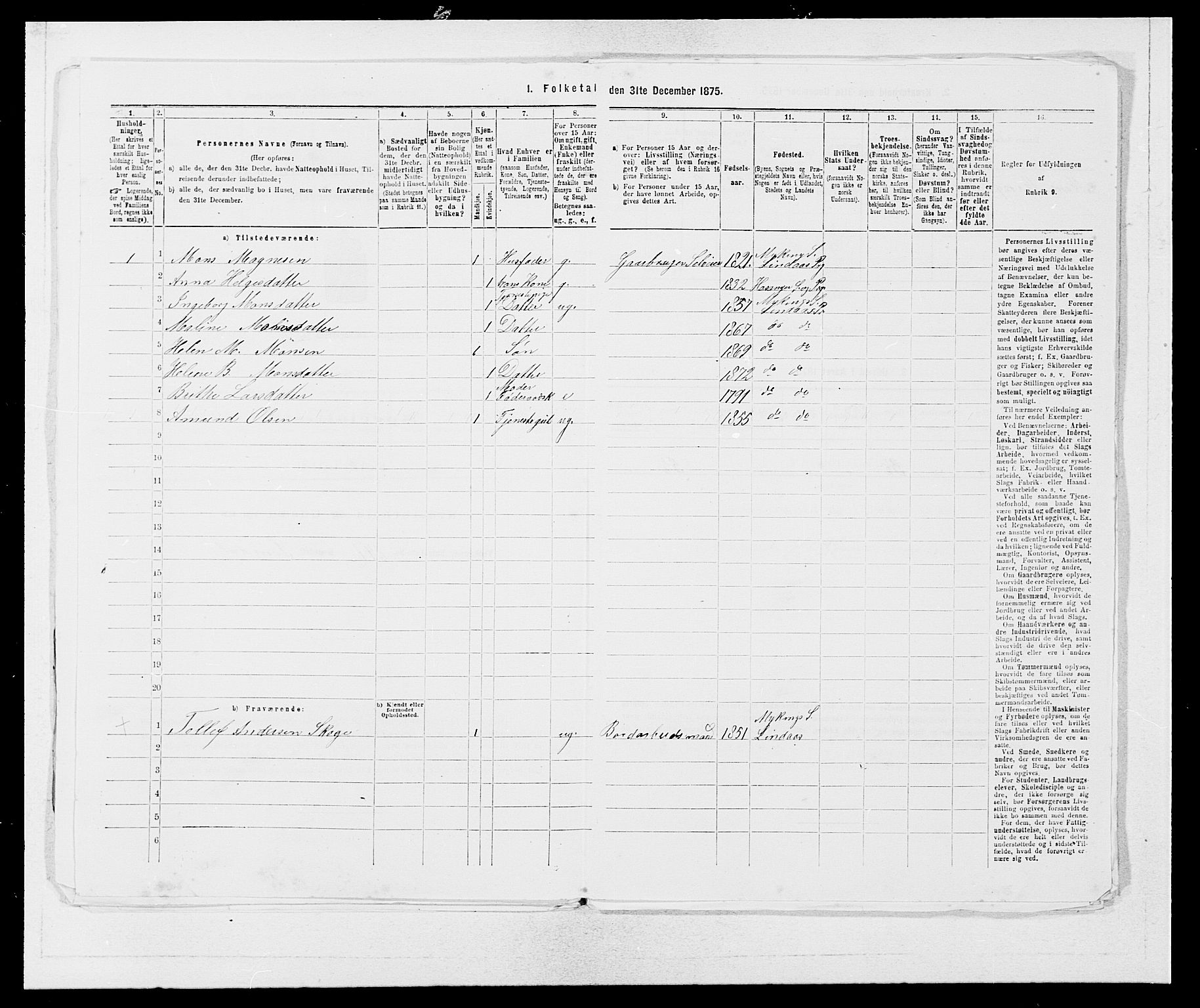 SAB, 1875 census for 1263P Lindås, 1875, p. 827