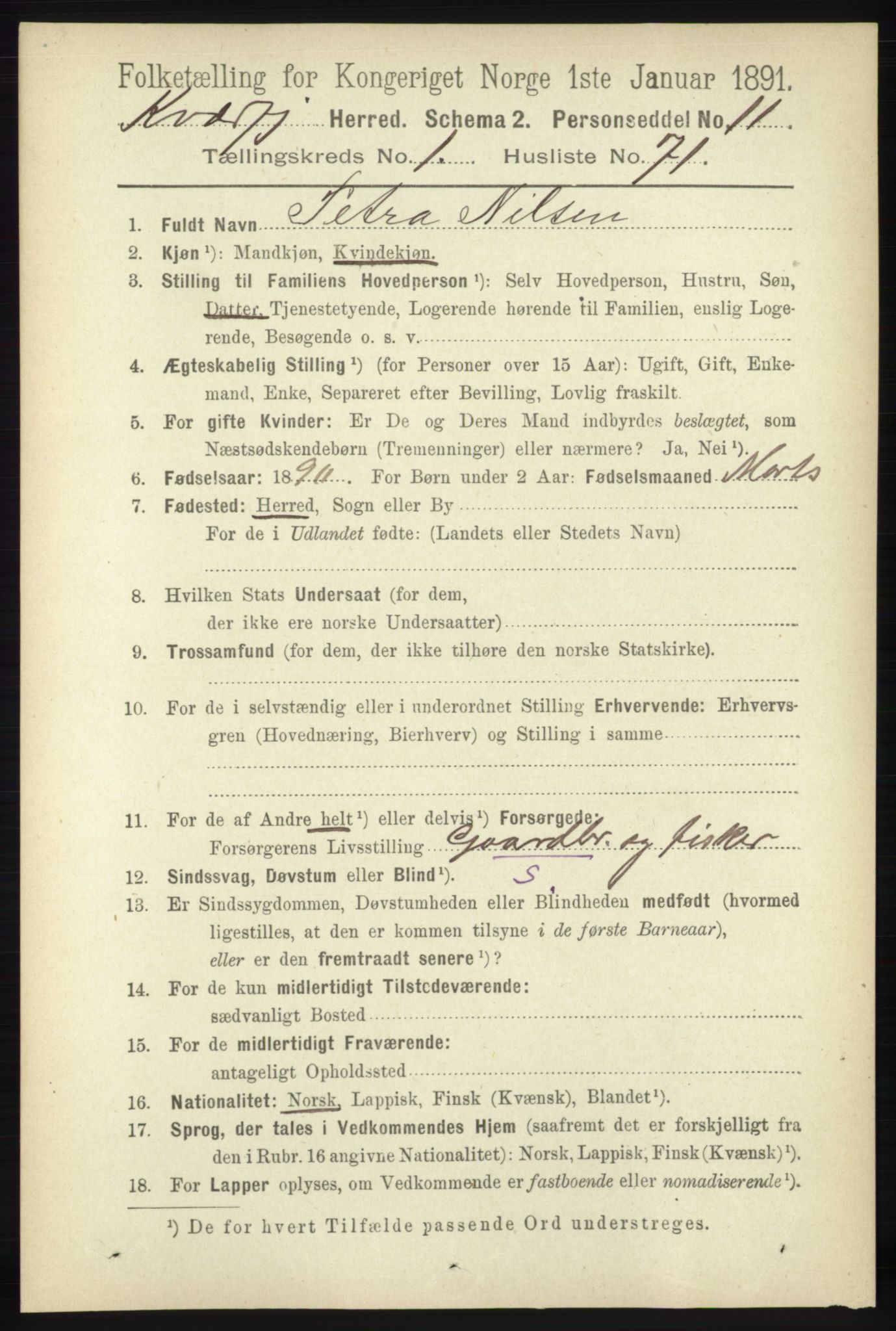 RA, 1891 census for 1911 Kvæfjord, 1891, p. 607