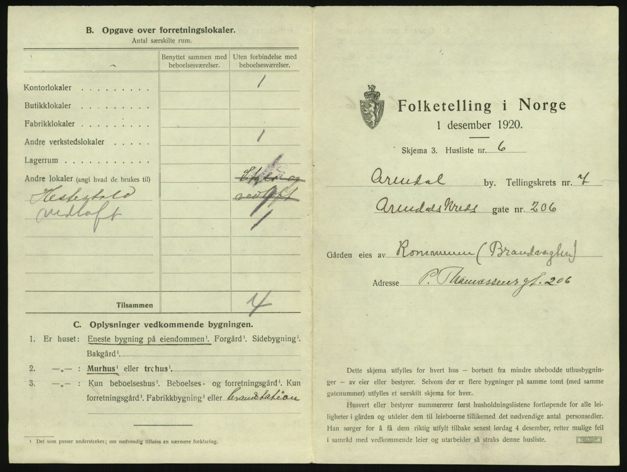 SAK, 1920 census for Arendal, 1920, p. 862