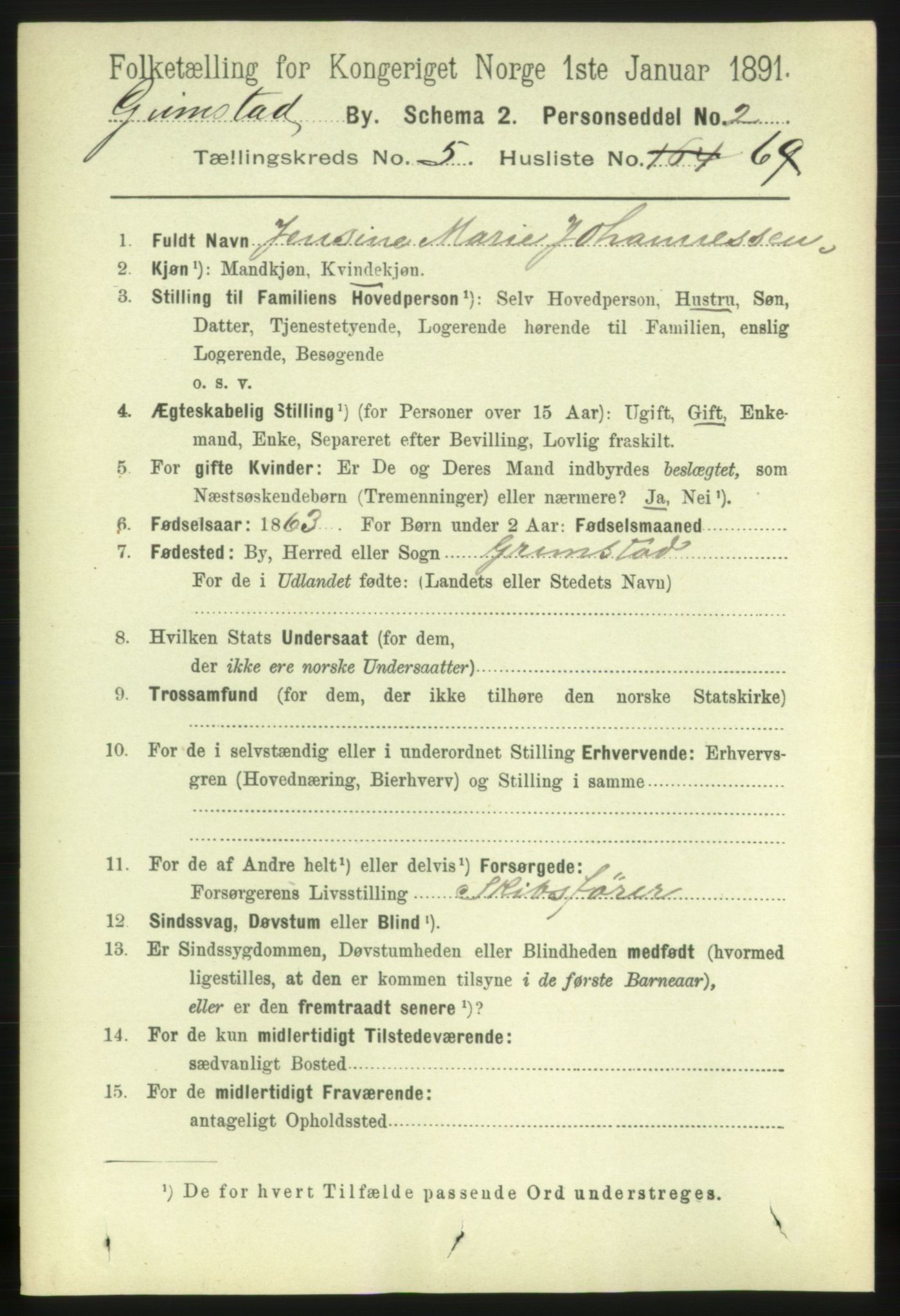 RA, 1891 census for 0904 Grimstad, 1891, p. 3598