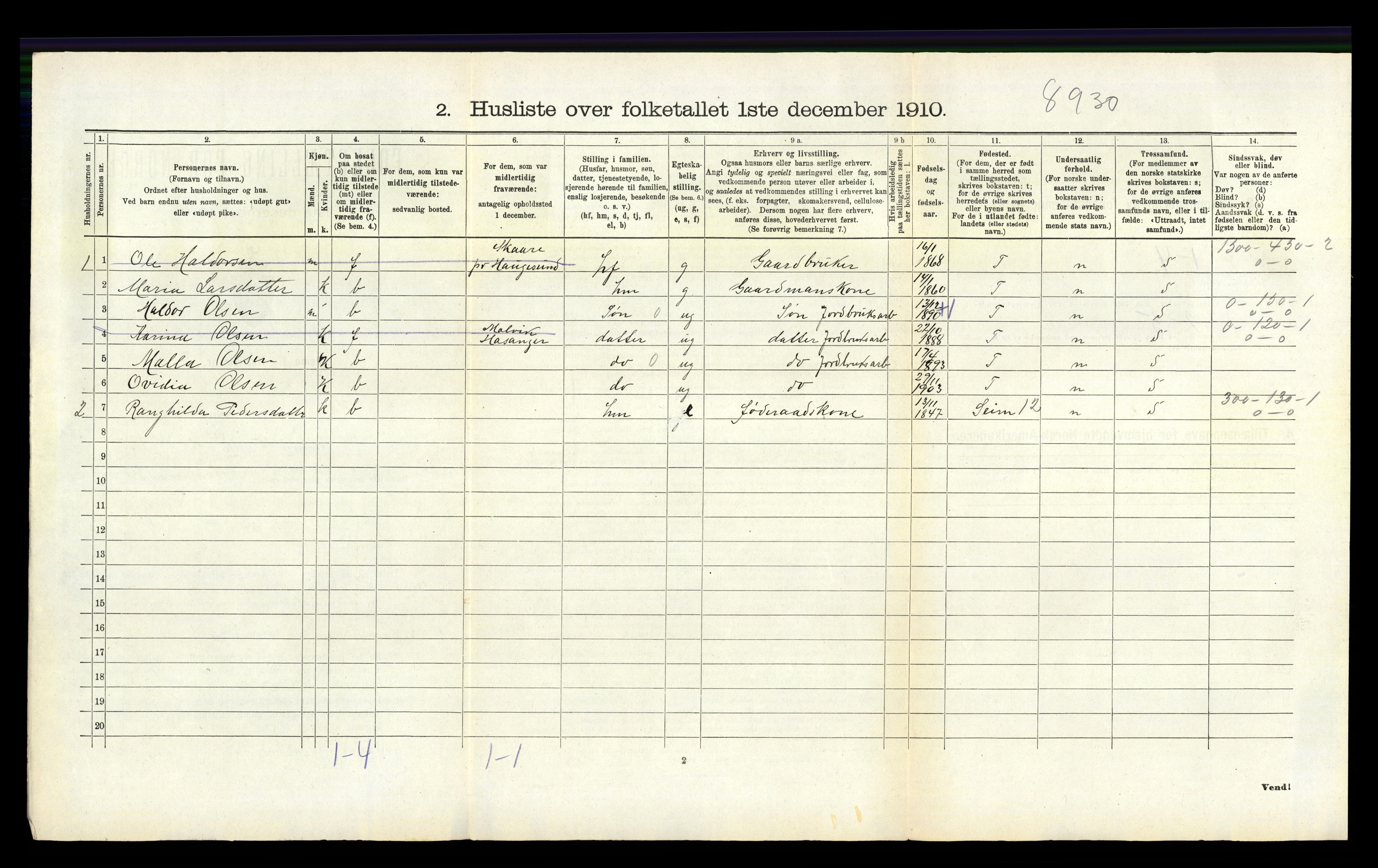 RA, 1910 census for Hamre, 1910, p. 241