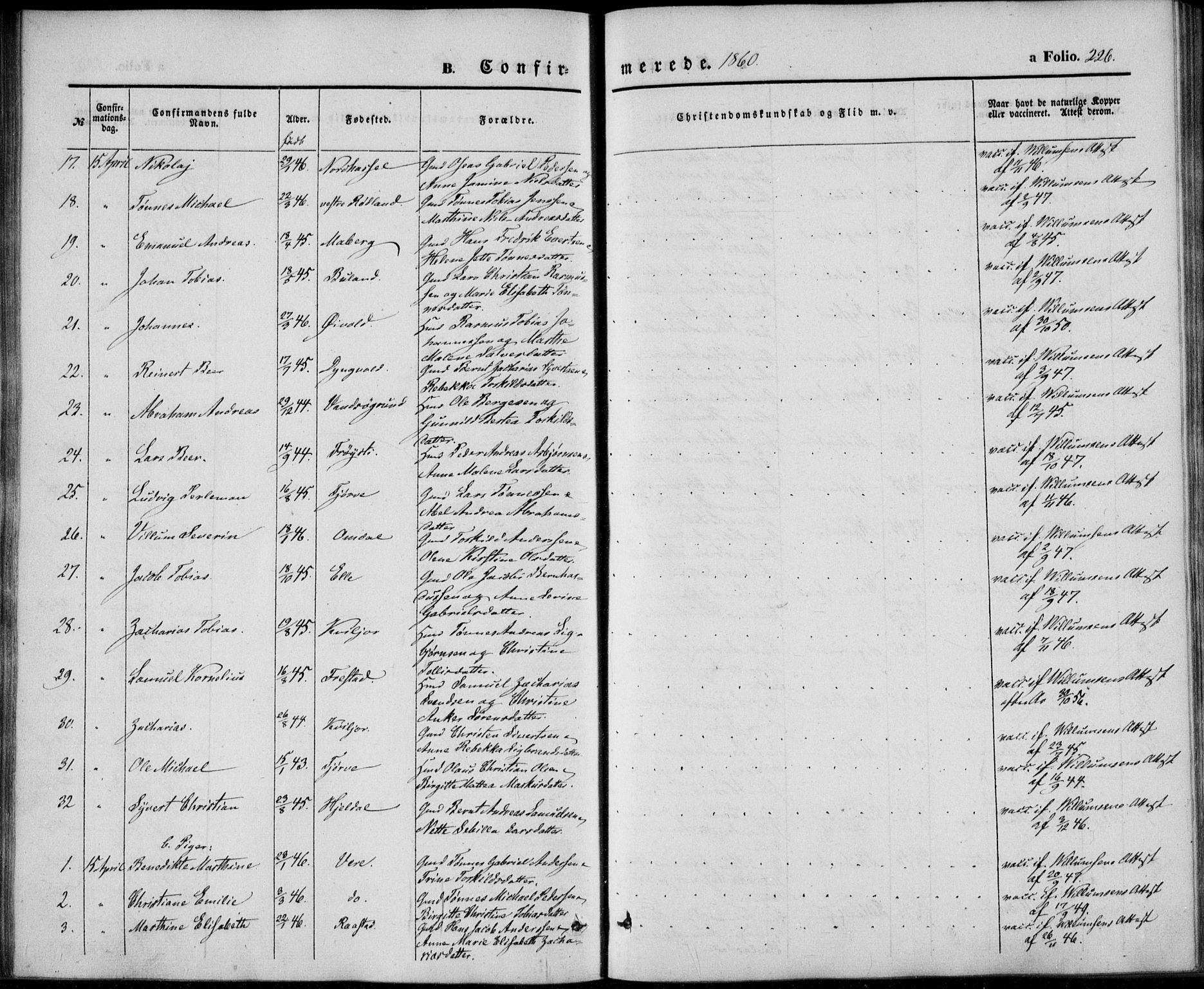 Lista sokneprestkontor, AV/SAK-1111-0027/F/Fb/L0002: Parish register (copy) no. B 2, 1847-1862, p. 226