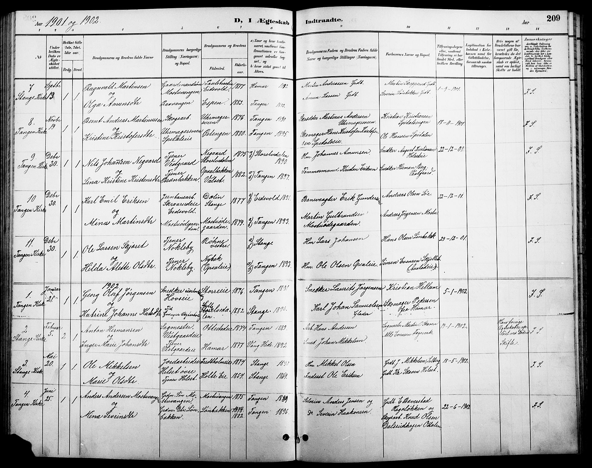 Stange prestekontor, SAH/PREST-002/L/L0011: Parish register (copy) no. 11, 1895-1917, p. 209