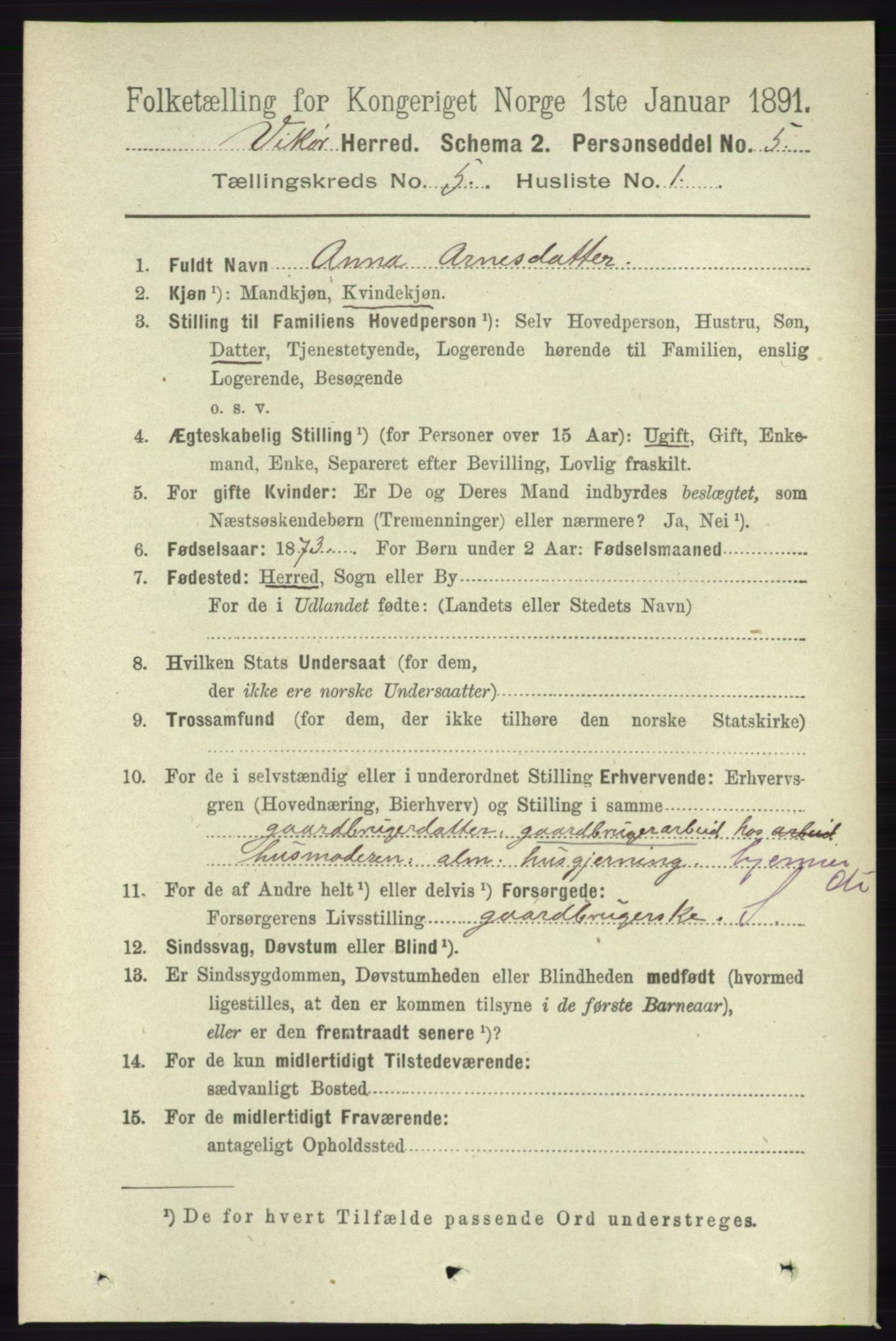 RA, 1891 census for 1238 Vikør, 1891, p. 1421