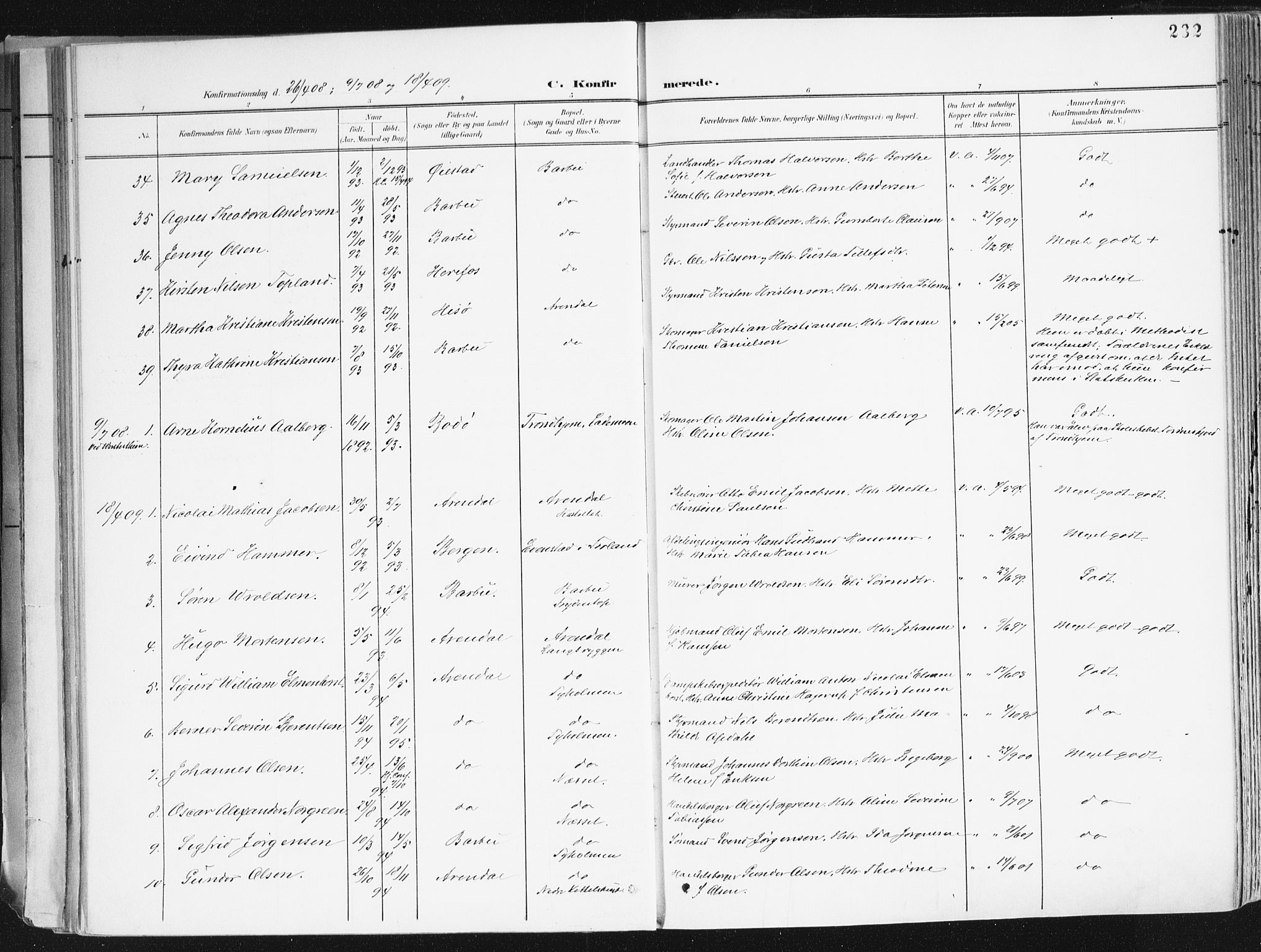 Arendal sokneprestkontor, Trefoldighet, SAK/1111-0040/F/Fa/L0010: Parish register (official) no. A 10, 1900-1919, p. 232
