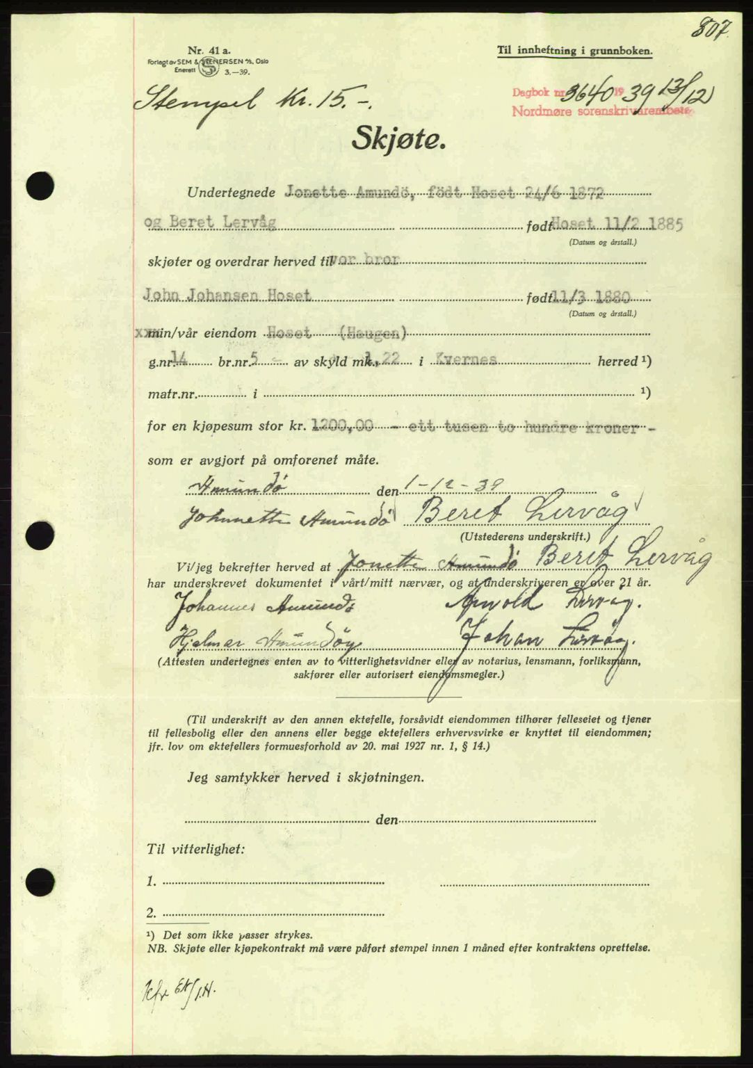 Nordmøre sorenskriveri, AV/SAT-A-4132/1/2/2Ca: Mortgage book no. A87, 1939-1940, Diary no: : 3640/1939