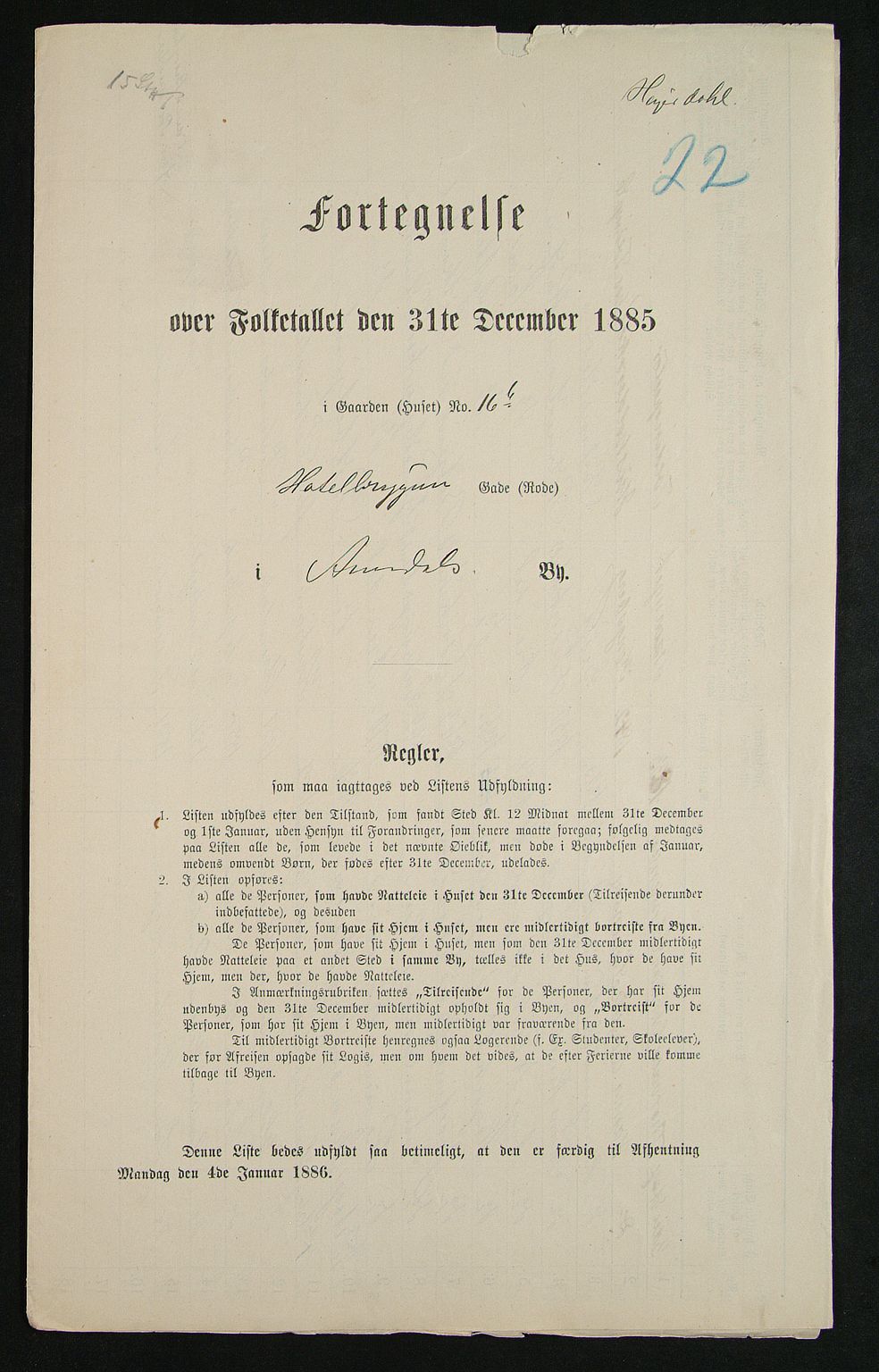 SAK, 1885 census for 0903 Arendal, 1885, p. 22