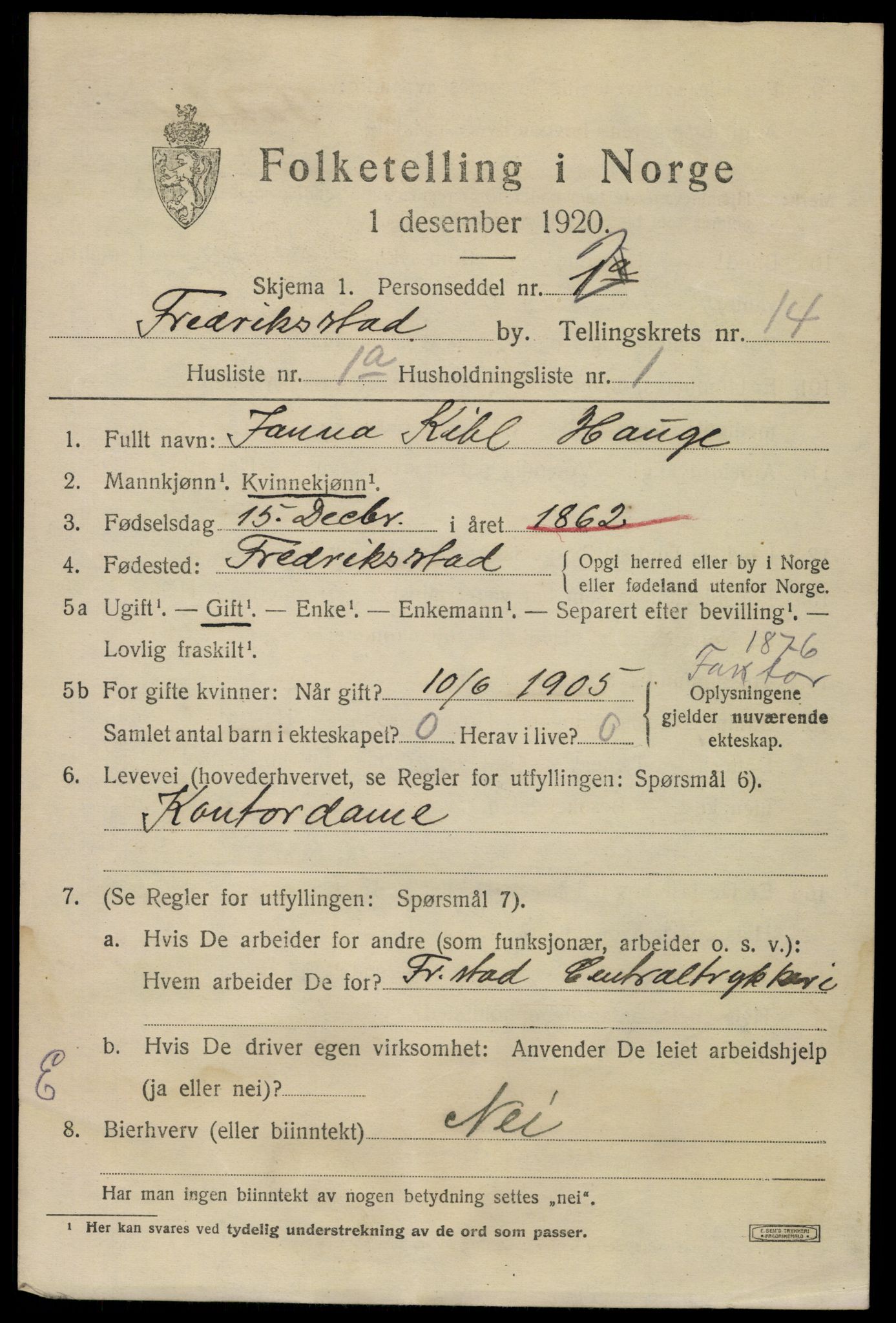 SAO, 1920 census for Fredrikstad, 1920, p. 33475