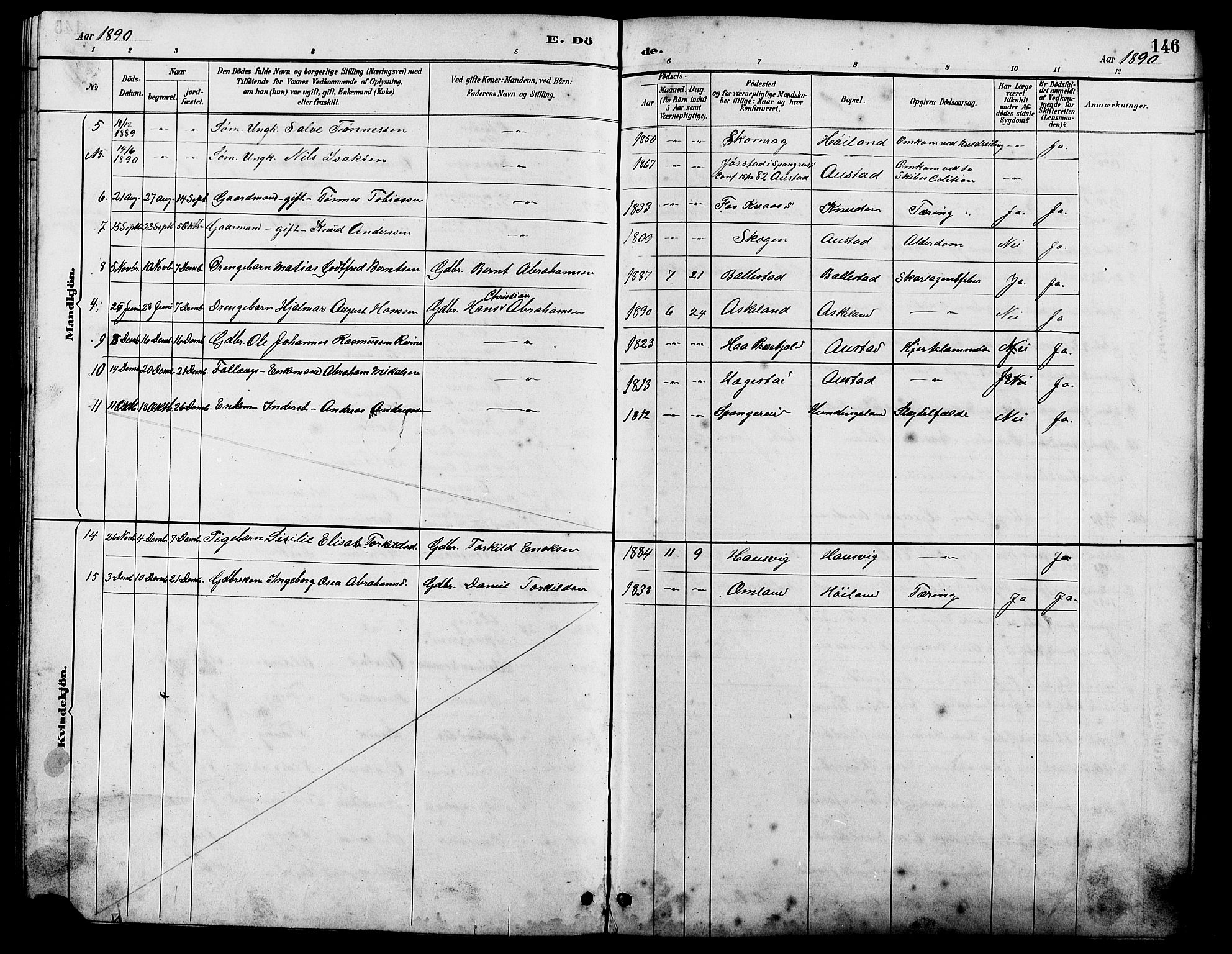 Lyngdal sokneprestkontor, SAK/1111-0029/F/Fb/Fba/L0003: Parish register (copy) no. B 3, 1886-1903, p. 146