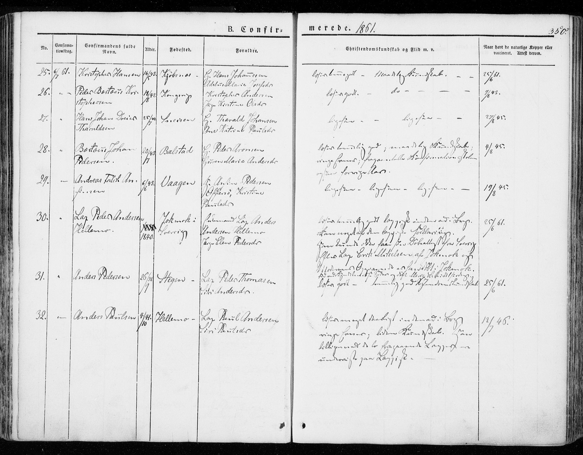 Ministerialprotokoller, klokkerbøker og fødselsregistre - Nordland, AV/SAT-A-1459/872/L1033: Parish register (official) no. 872A08, 1840-1863, p. 350