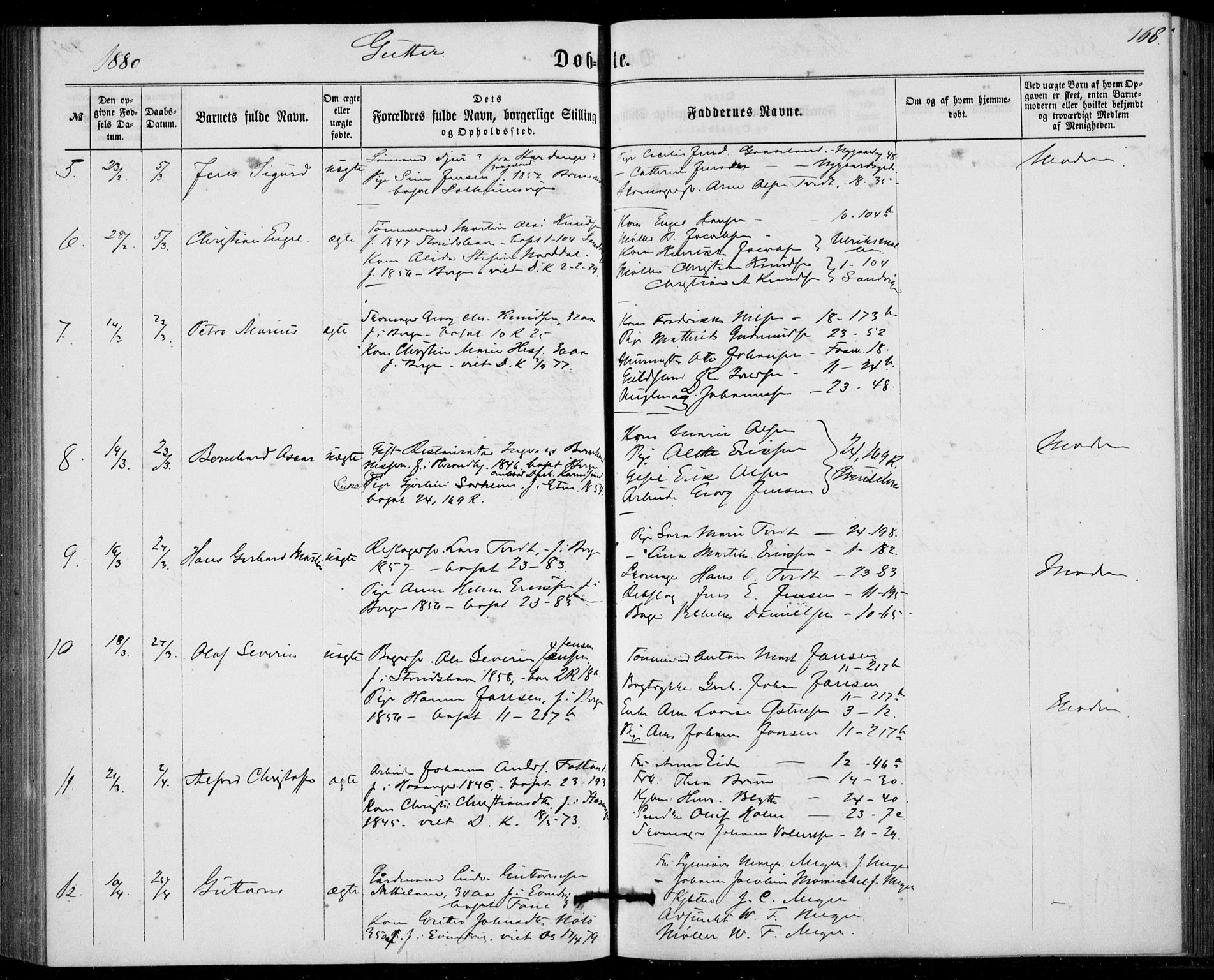 Fødselsstiftelsens sokneprestembete, ført av overlegen*, SAB/-: Parish register (official) no. A 1, 1863-1883, p. 168