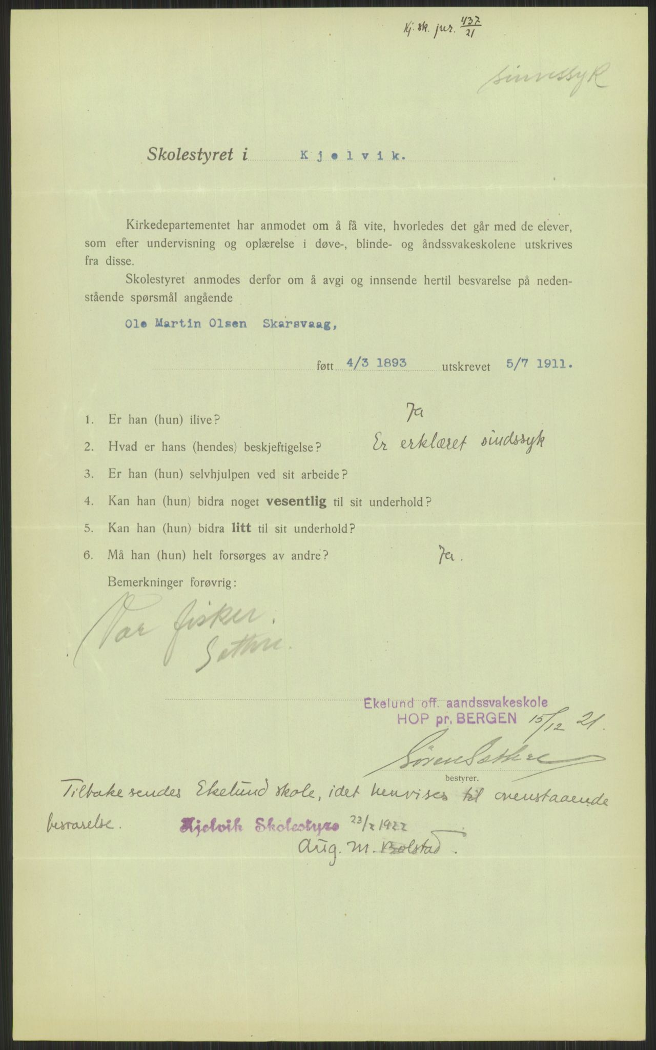 Kirke- og undervisningsdepartementet, 1. skolekontor D, AV/RA-S-1021/F/Fh/Fhl/L0044: Hvor blir det av elevene?, 1911-1921, p. 403