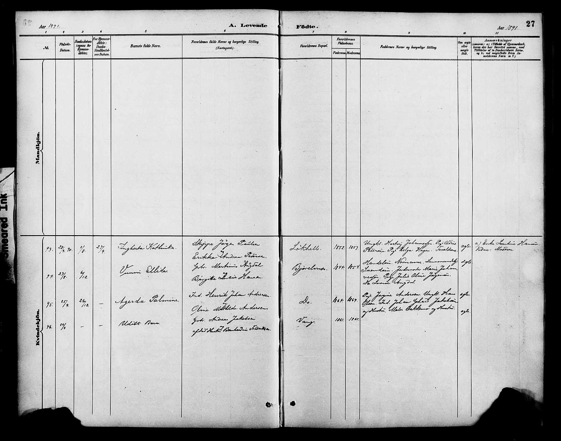 Lenvik sokneprestembete, SATØ/S-1310/H/Ha/Haa/L0013kirke: Parish register (official) no. 13, 1890-1898, p. 27