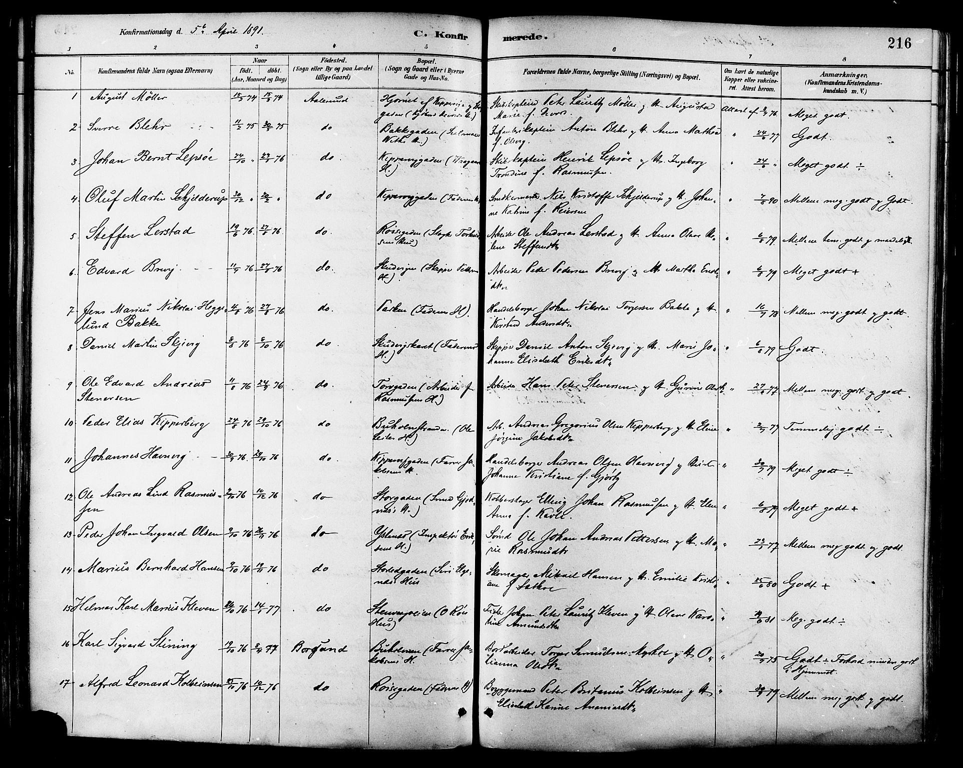 Ministerialprotokoller, klokkerbøker og fødselsregistre - Møre og Romsdal, SAT/A-1454/529/L0455: Parish register (official) no. 529A05, 1885-1893, p. 216