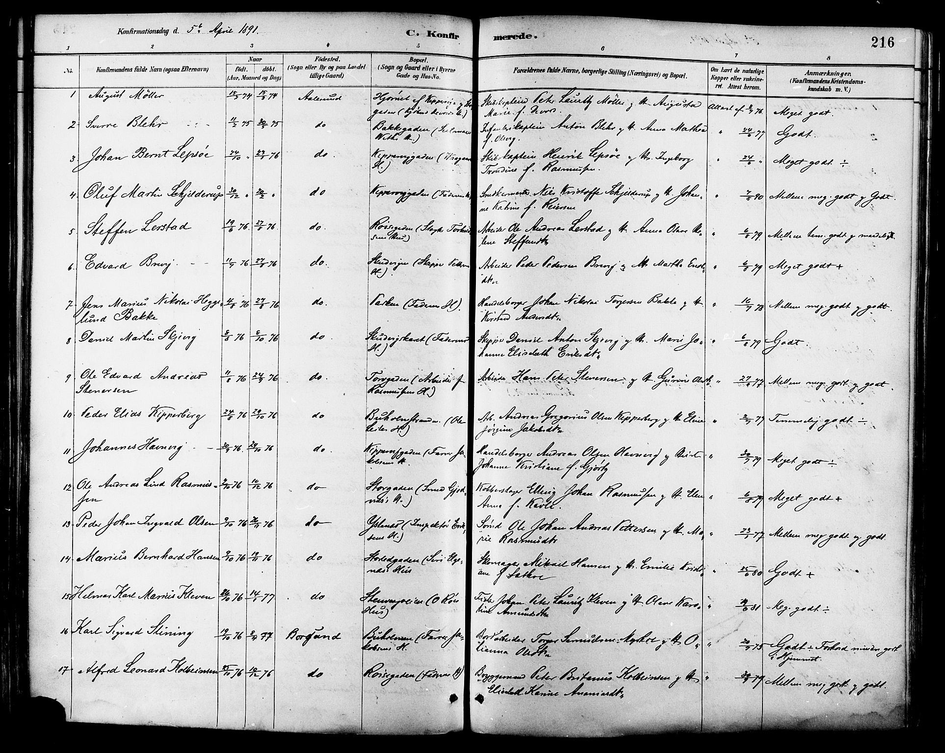 Ministerialprotokoller, klokkerbøker og fødselsregistre - Møre og Romsdal, AV/SAT-A-1454/529/L0455: Parish register (official) no. 529A05, 1885-1893, p. 216