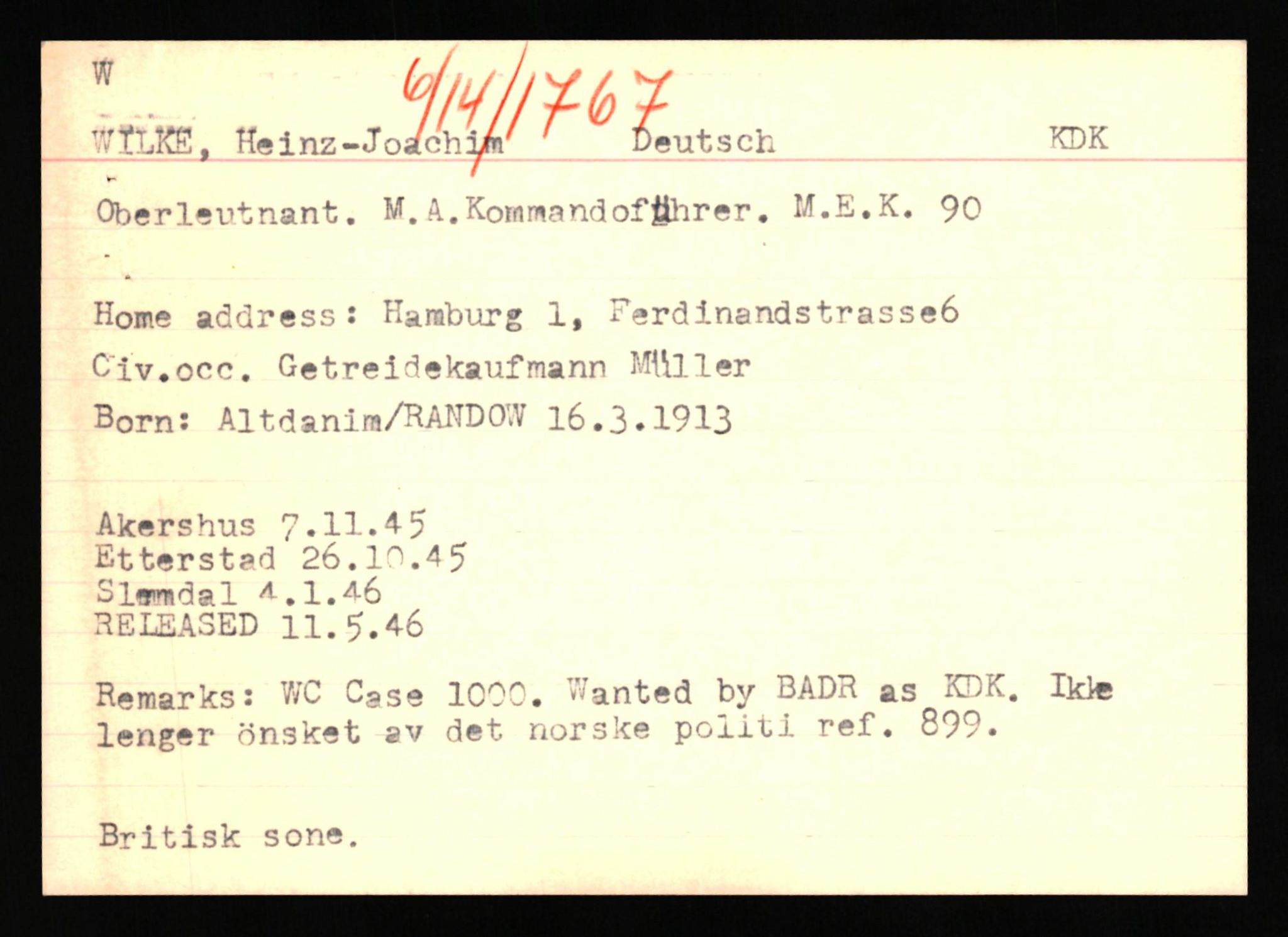 Forsvaret, Forsvarets overkommando II, AV/RA-RAFA-3915/D/Db/L0036: CI Questionaires. Tyske okkupasjonsstyrker i Norge. Tyskere., 1945-1946, p. 71