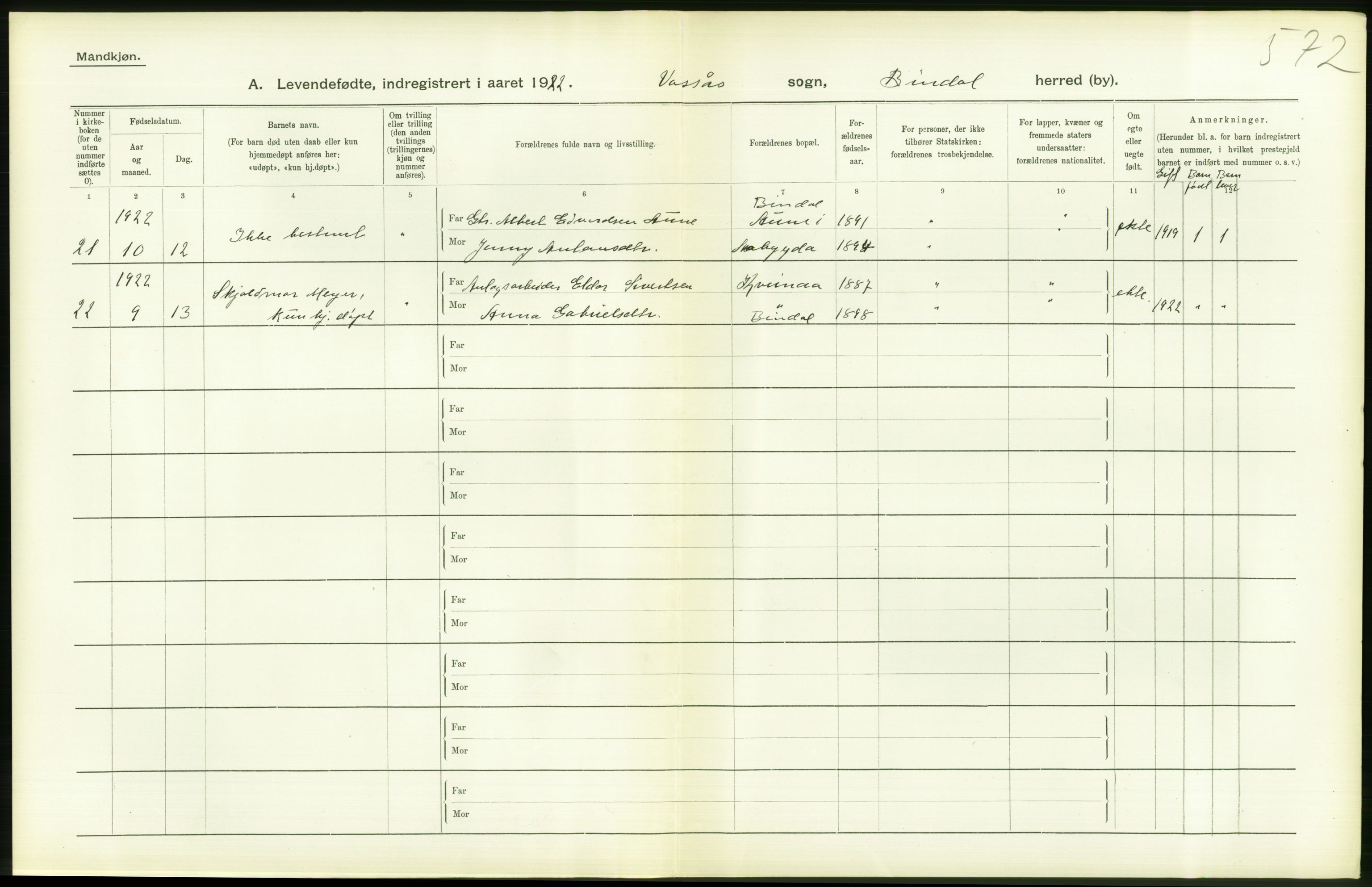 Statistisk sentralbyrå, Sosiodemografiske emner, Befolkning, AV/RA-S-2228/D/Df/Dfc/Dfcb/L0044: Nordland fylke: Levendefødte menn og kvinner. Bygder og byer., 1922, p. 486