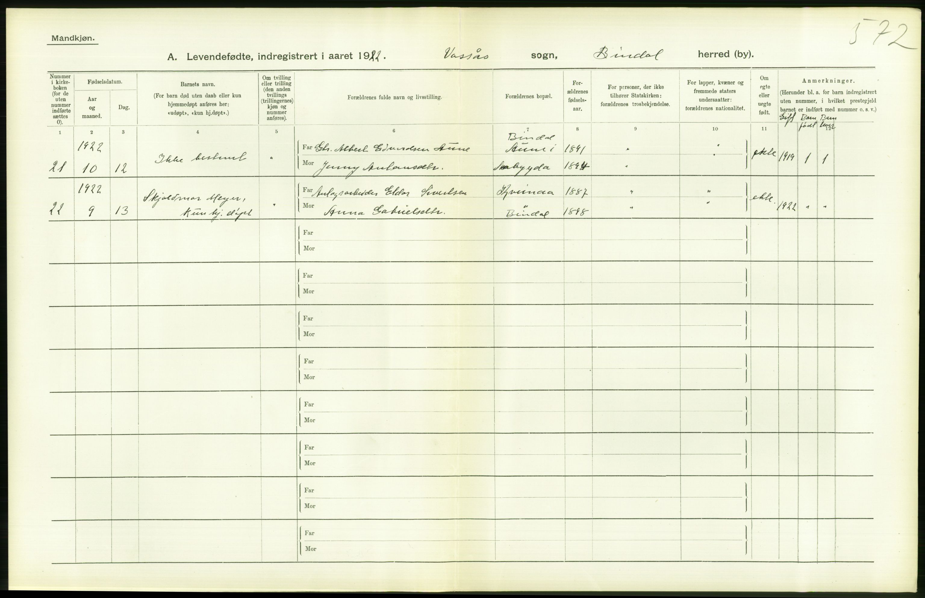 Statistisk sentralbyrå, Sosiodemografiske emner, Befolkning, RA/S-2228/D/Df/Dfc/Dfcb/L0044: Nordland fylke: Levendefødte menn og kvinner. Bygder og byer., 1922, p. 486