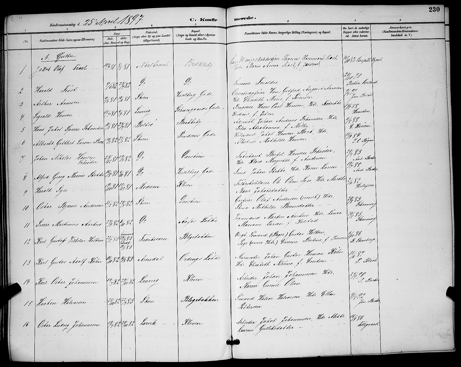 Skien kirkebøker, SAKO/A-302/G/Ga/L0007: Parish register (copy) no. 7, 1891-1900, p. 230