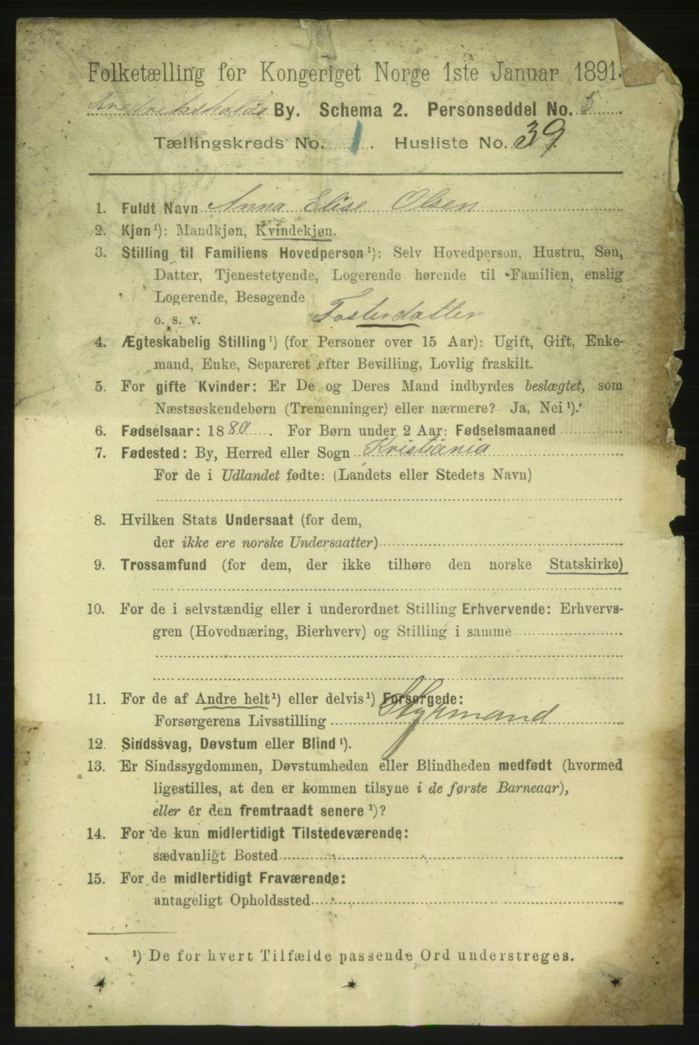 RA, 1891 census for 0101 Fredrikshald, 1891, p. 2316