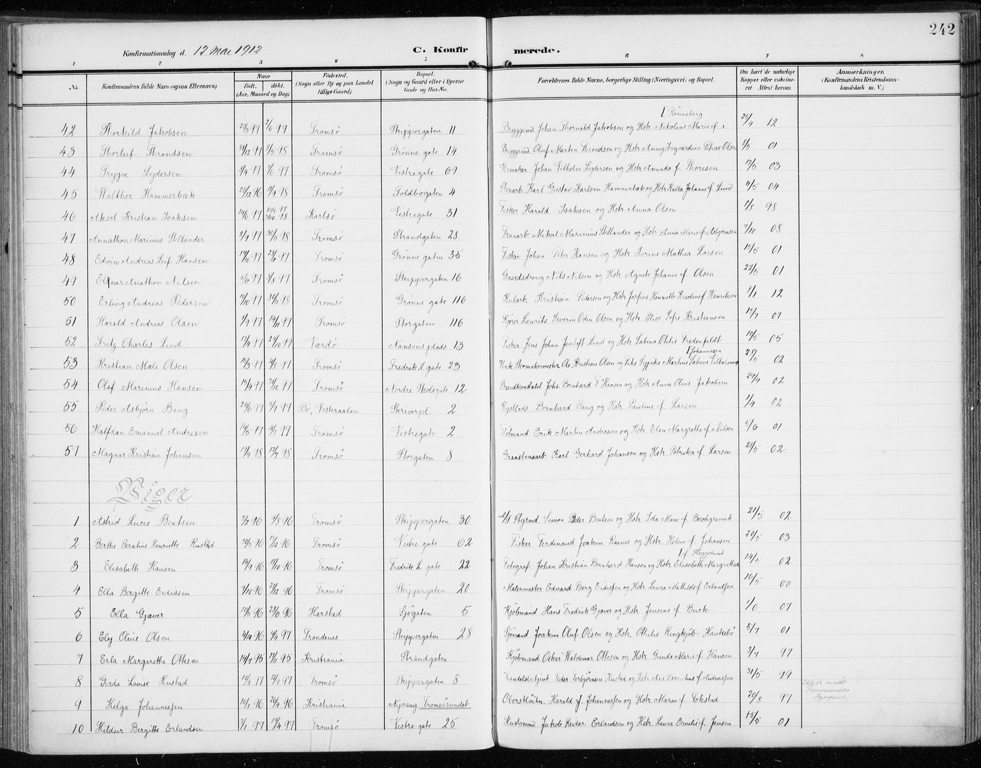 Tromsø sokneprestkontor/stiftsprosti/domprosti, AV/SATØ-S-1343/G/Ga/L0017kirke: Parish register (official) no. 17, 1907-1917, p. 242