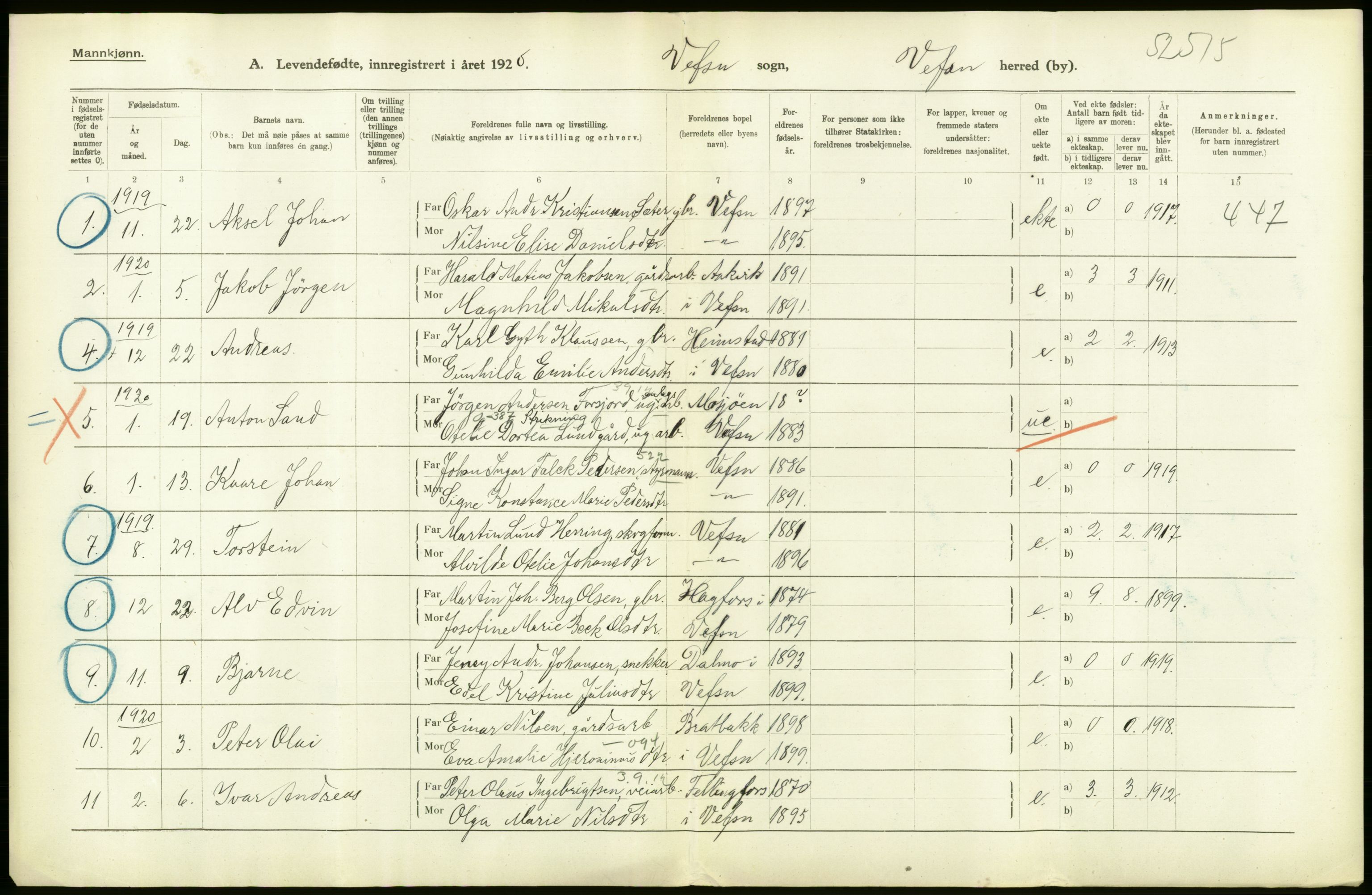 Statistisk sentralbyrå, Sosiodemografiske emner, Befolkning, AV/RA-S-2228/D/Df/Dfb/Dfbj/L0055: Nordland fylke: Levendefødte menn og kvinner. Bygder., 1920, p. 52