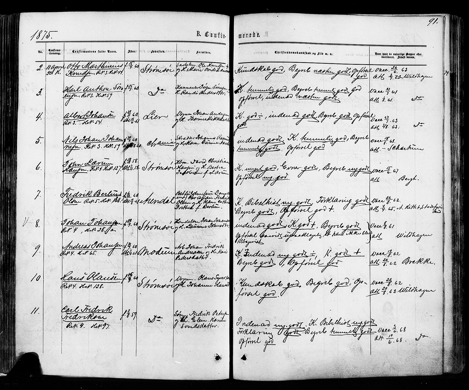 Strømsø kirkebøker, AV/SAKO-A-246/F/Fa/L0018: Parish register (official) no. I 18, 1865-1878, p. 91