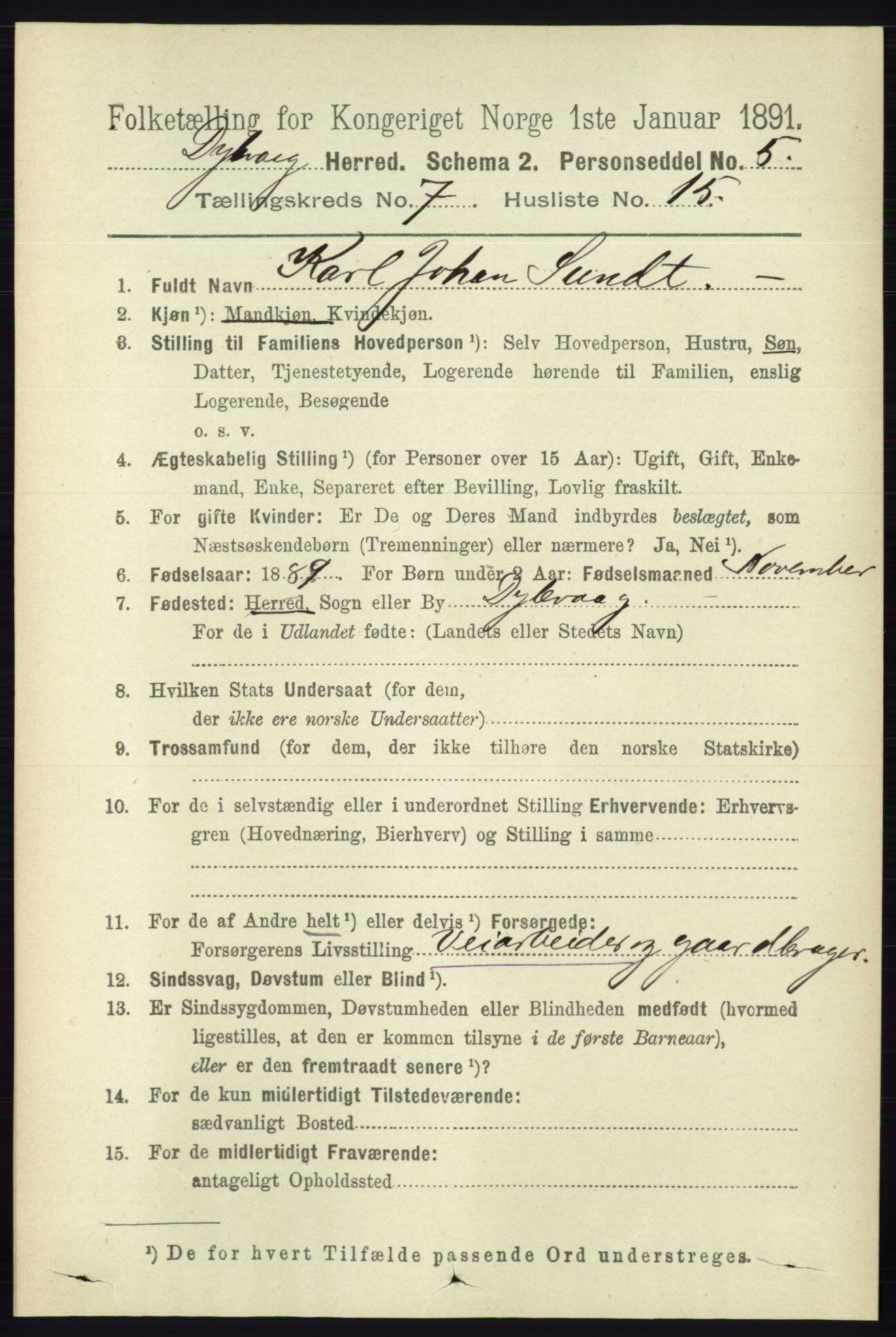 RA, 1891 census for 0915 Dypvåg, 1891, p. 2480