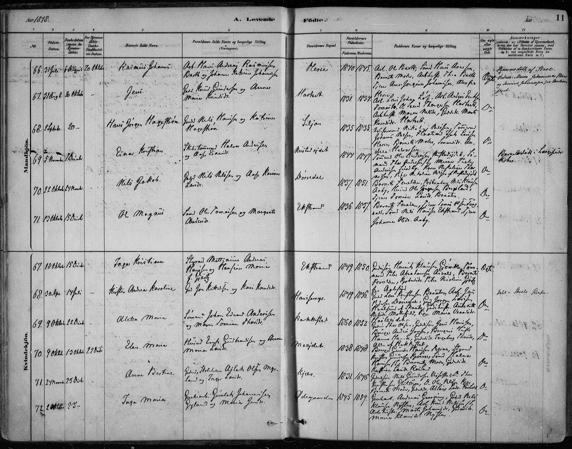 Bamble kirkebøker, SAKO/A-253/F/Fa/L0007: Parish register (official) no. I 7, 1878-1888, p. 11