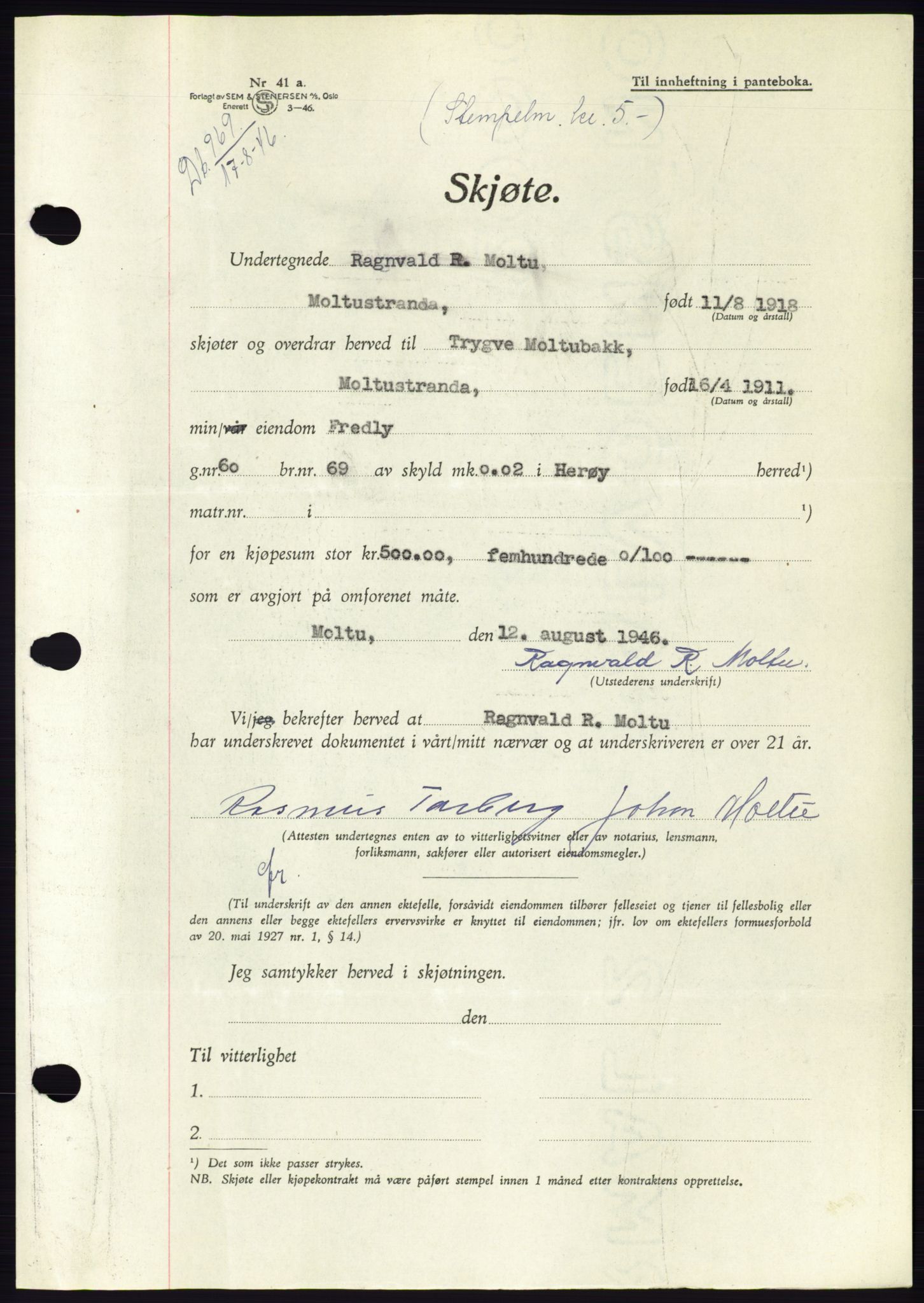 Søre Sunnmøre sorenskriveri, AV/SAT-A-4122/1/2/2C/L0078: Mortgage book no. 4A, 1946-1946, Diary no: : 969/1946