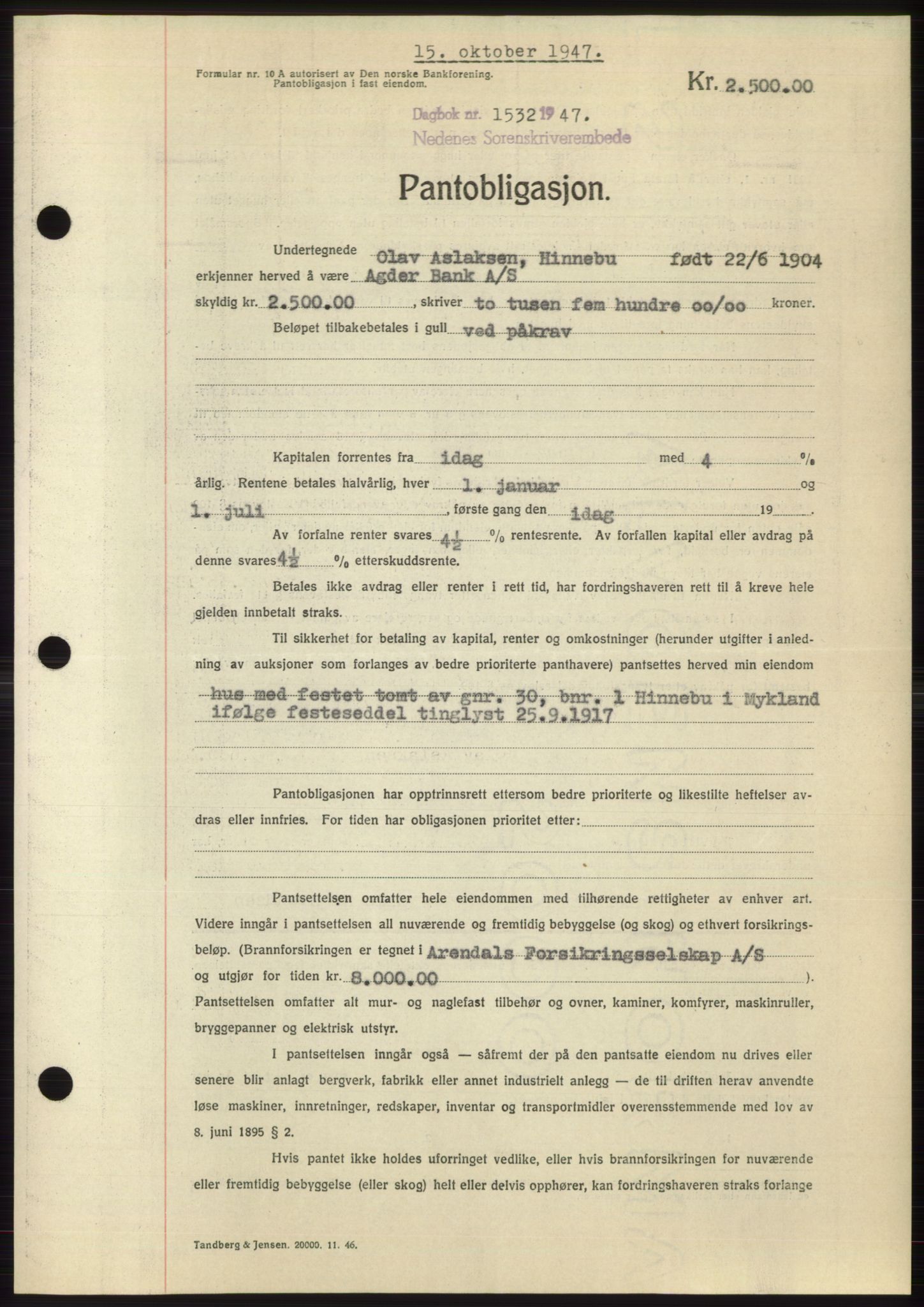 Nedenes sorenskriveri, AV/SAK-1221-0006/G/Gb/Gbb/L0004: Mortgage book no. B4, 1947-1947, Diary no: : 1532/1947