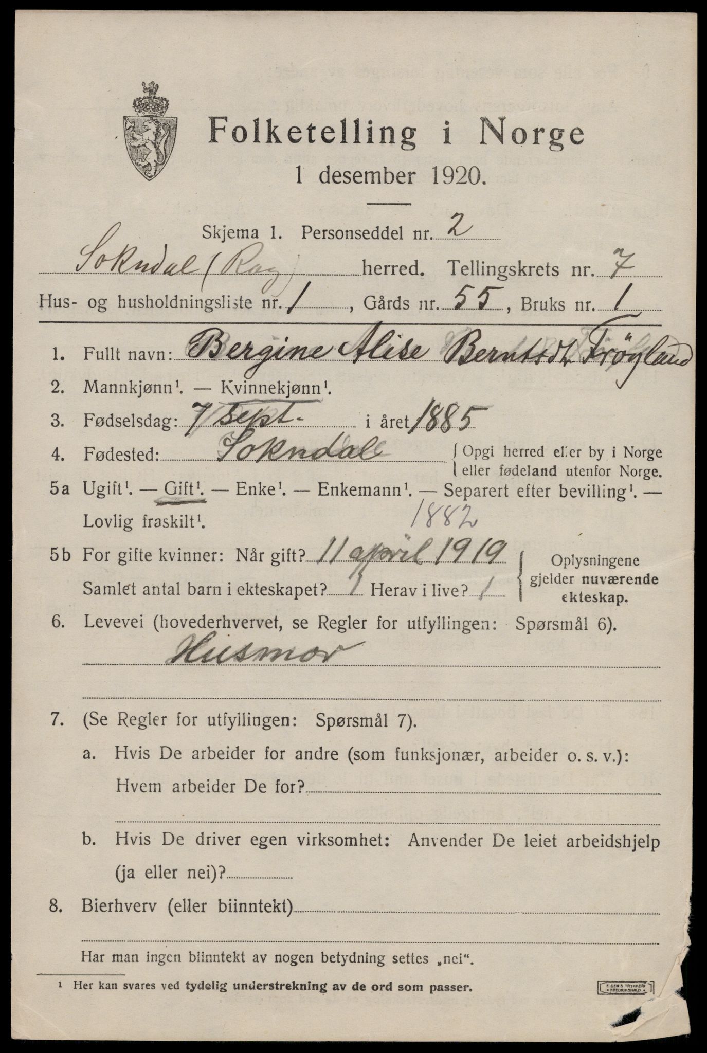 SAST, 1920 census for Sokndal, 1920, p. 4207